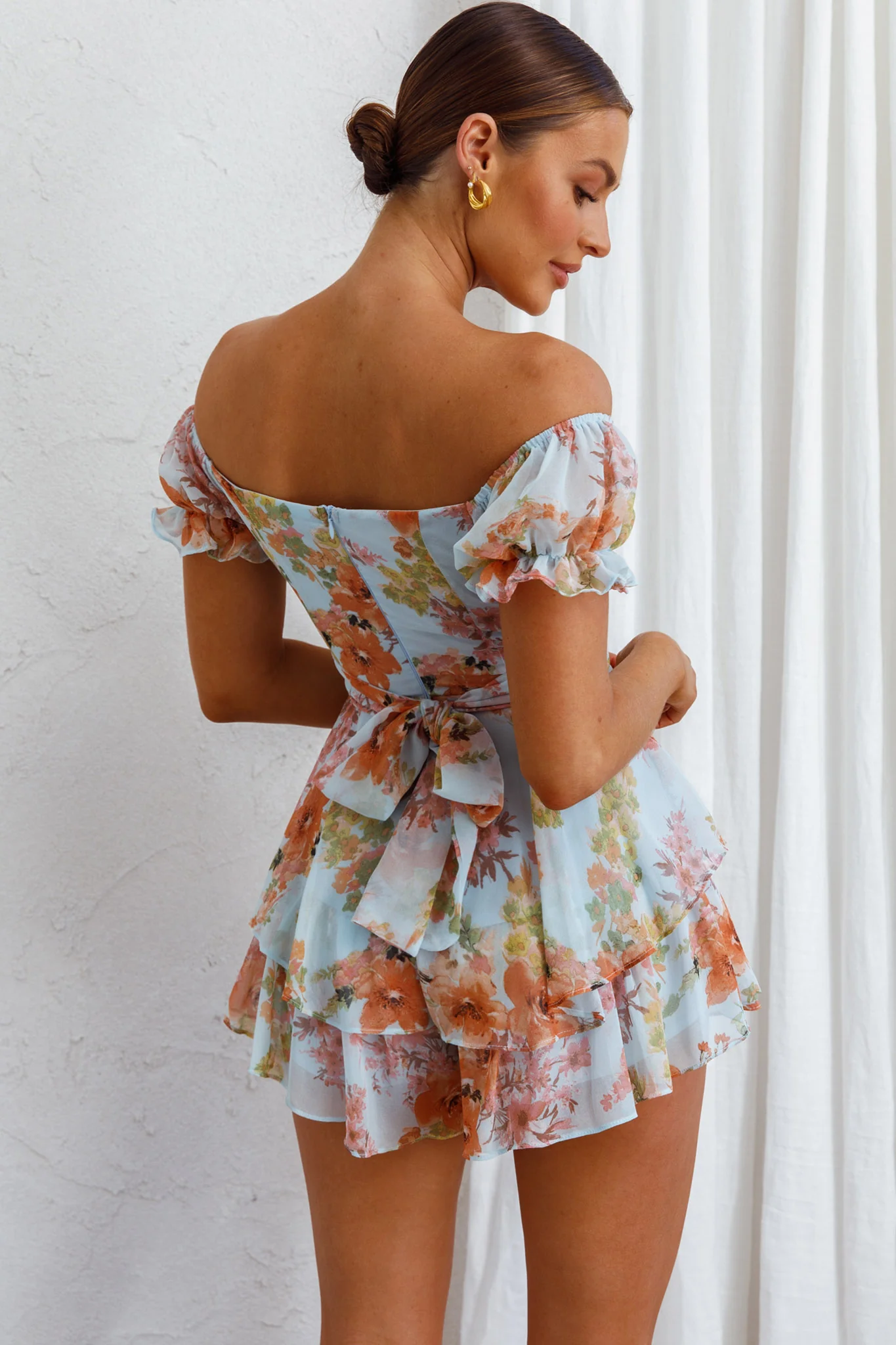 Linka Off-Shoulder Tie Back Romper Floral Blue - Sonourner