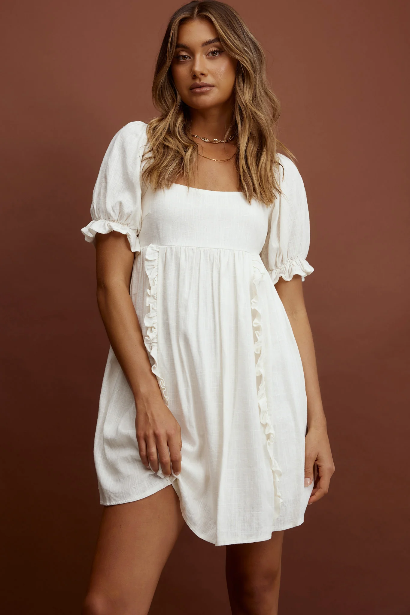 Macedonia Puff Sleeve Babydoll Dress Cream - Sonourner
