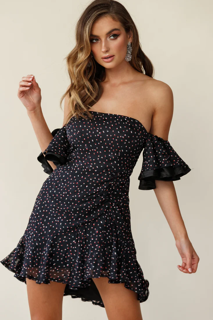 Lure Off-Shoulder Ruched Dress Speckle Print Black - Sonourner
