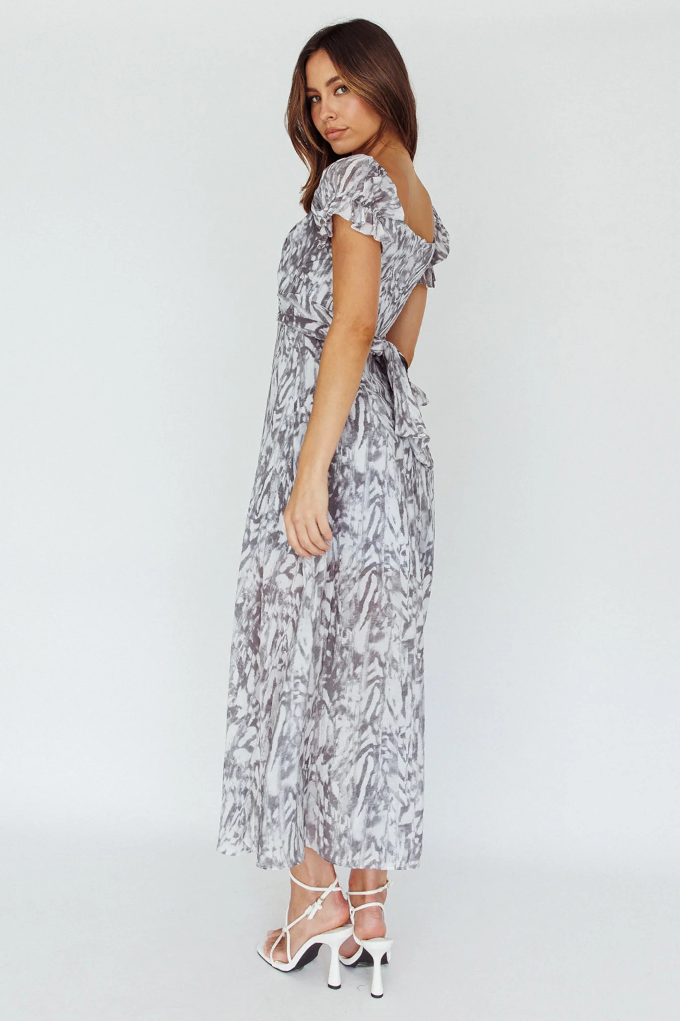 Linka Off-Shoulder Tie Back Midi Dress Printed Grey - Sonourner
