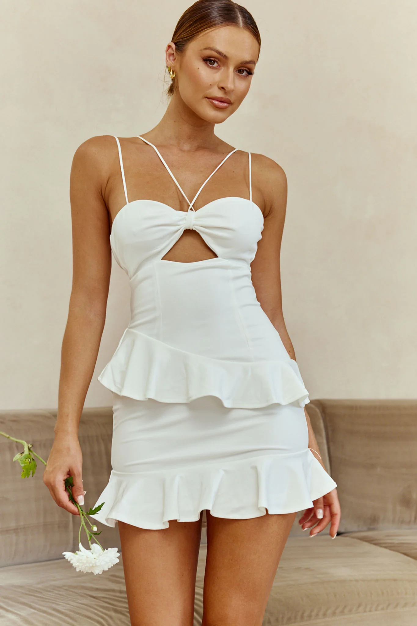 Moment Of Truth String-Tie Ruffle Trim Mini Dress White - Sonourner