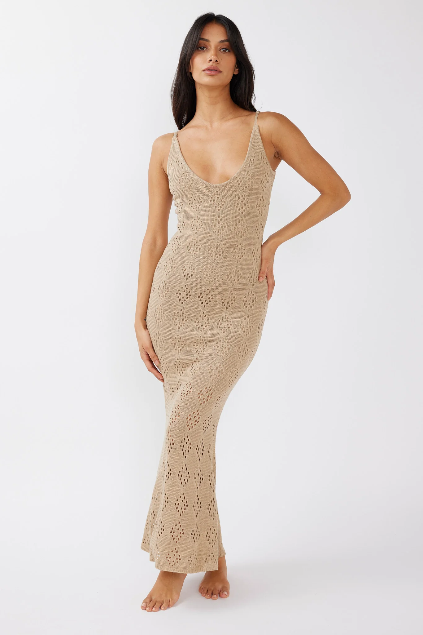 Raven Cami Strap Crochet Maxi Dress Sand - Sonourner