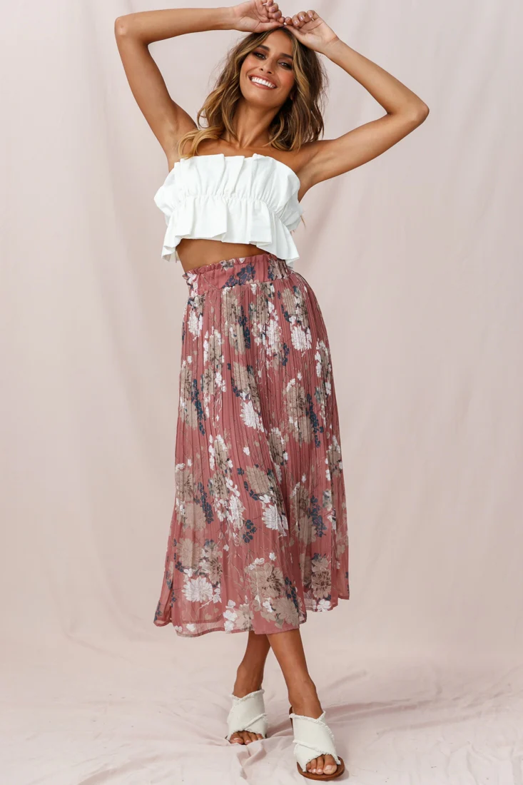 Caroline Accordion Pleat Midi Skirt Rose - Sonourner