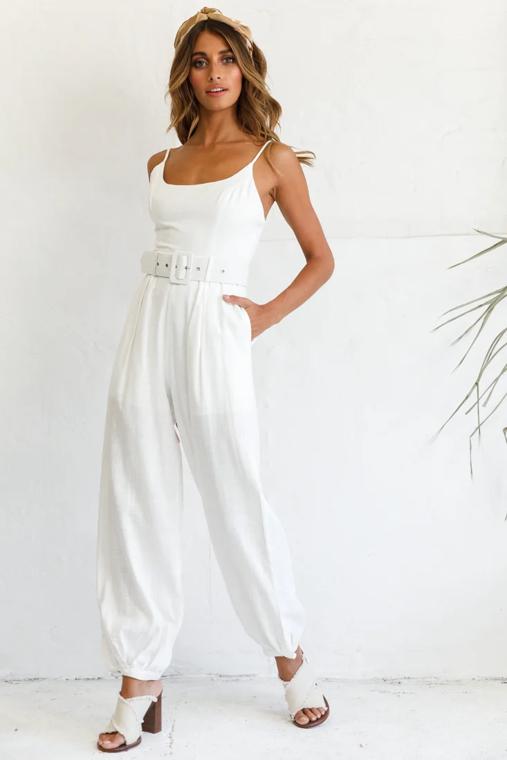 Santa Barbara Cuffed Hem Belted Jumpsuit White - Sonourner