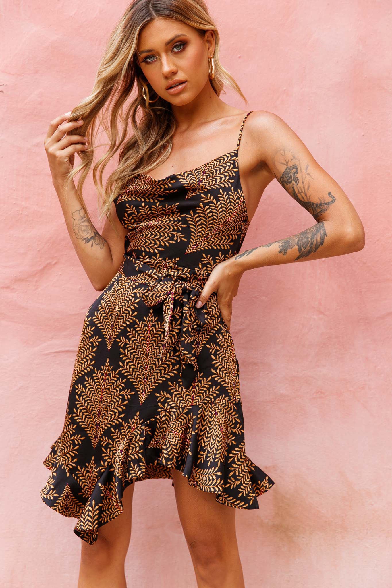 On The Prowl Cowl Neck Asymmetrical Hem Dress Leaf Print Mustard - Sonourner