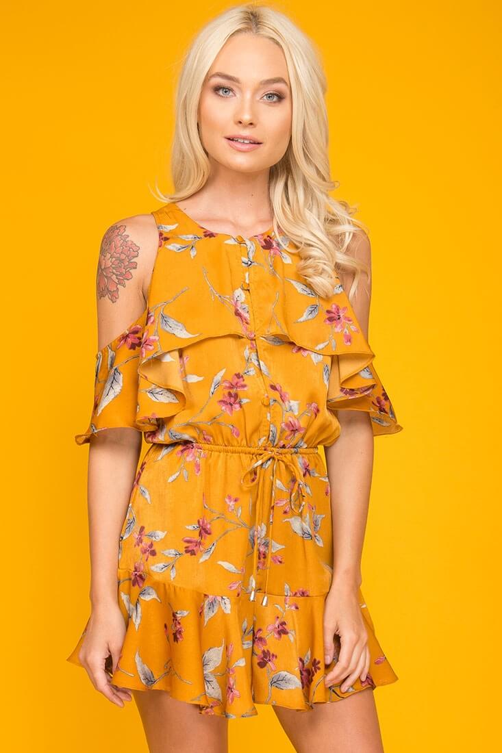 Camila Floral Off The Shoulder Romper Orange - Sonourner