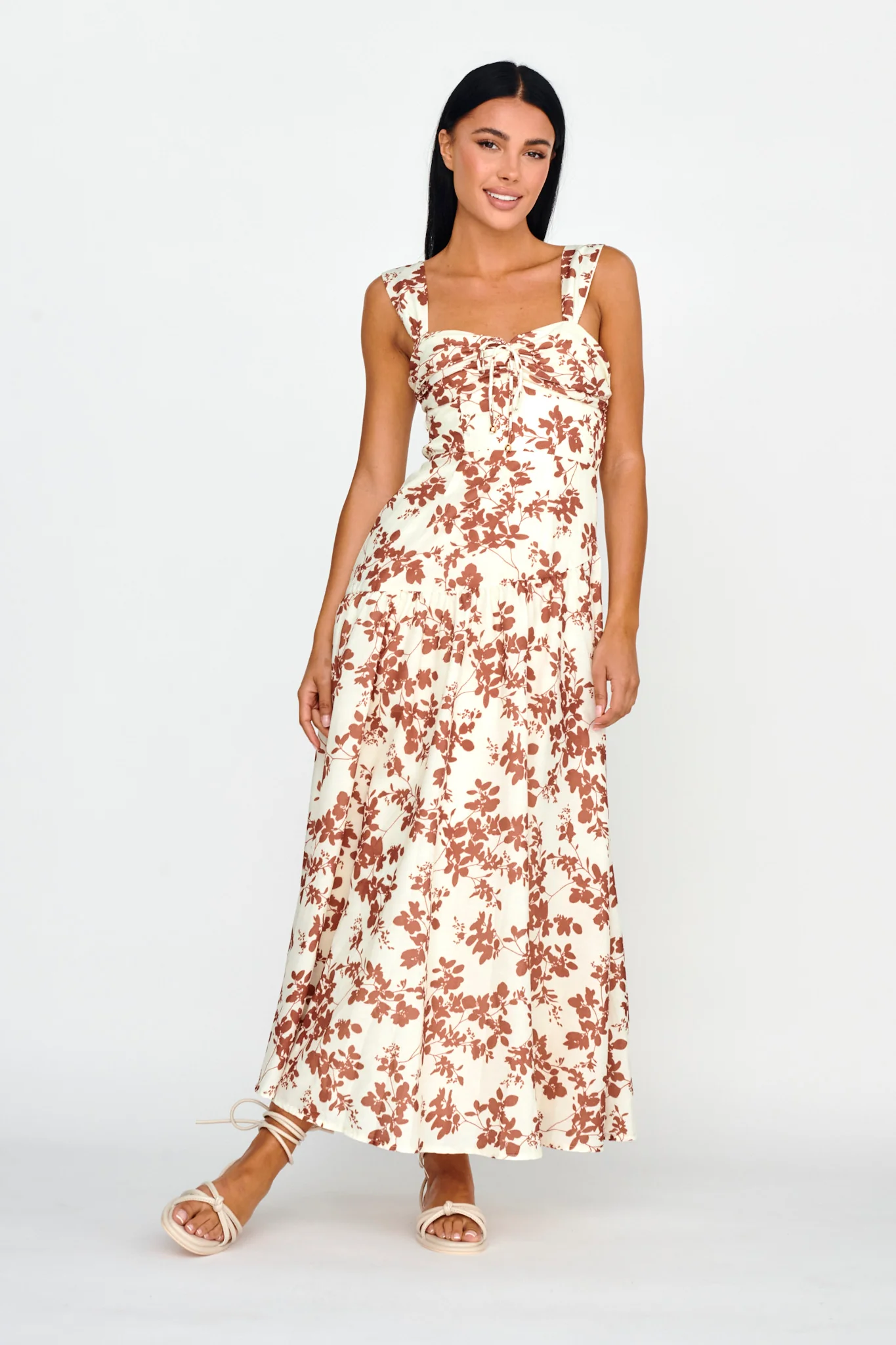 Nichola Ruched Bust Midi Dress Floral Brown - Sonourner