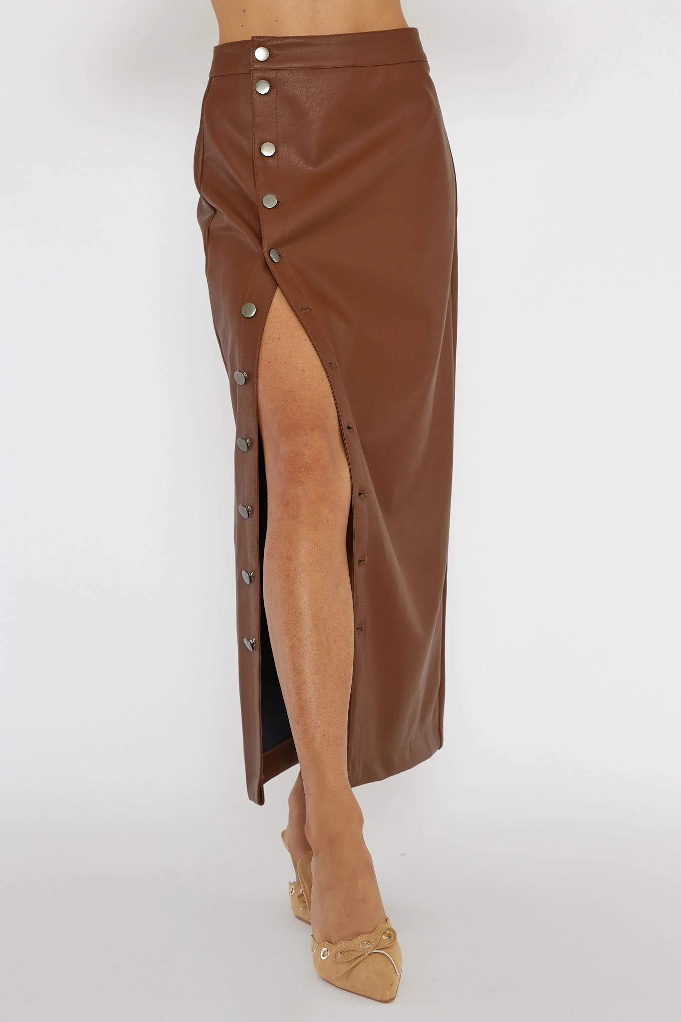 Angelica Button-Up Faux Leather Midi Skirt Brown - Sonourner