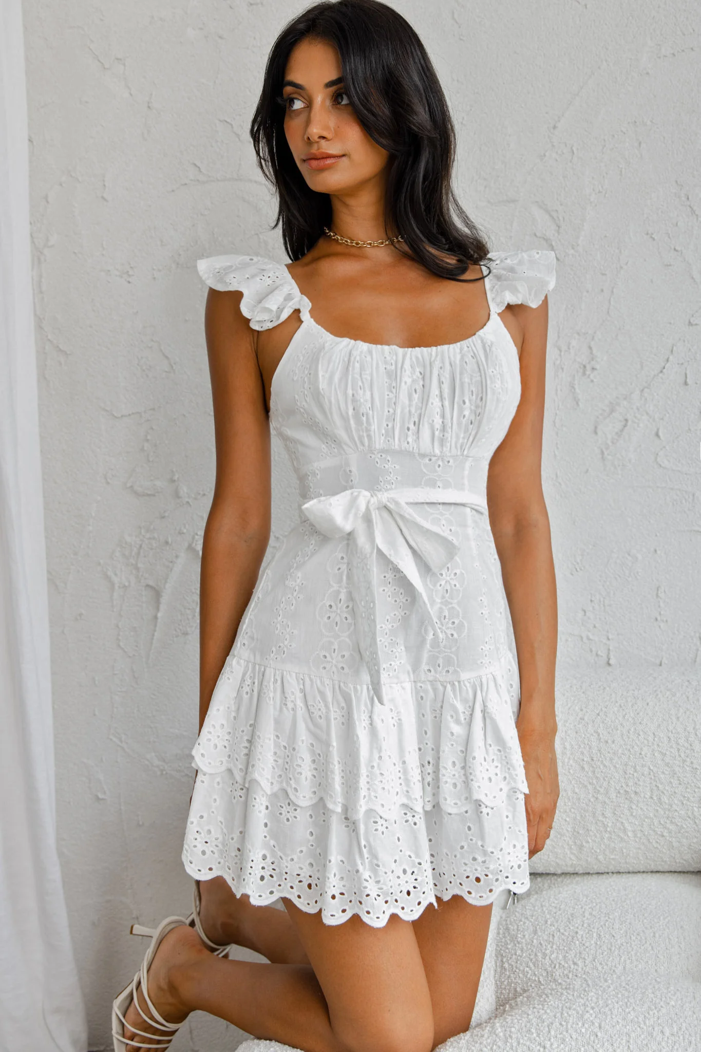 Fairytale Ending Ruffle Strap Eyelet Dress White - Sonourner