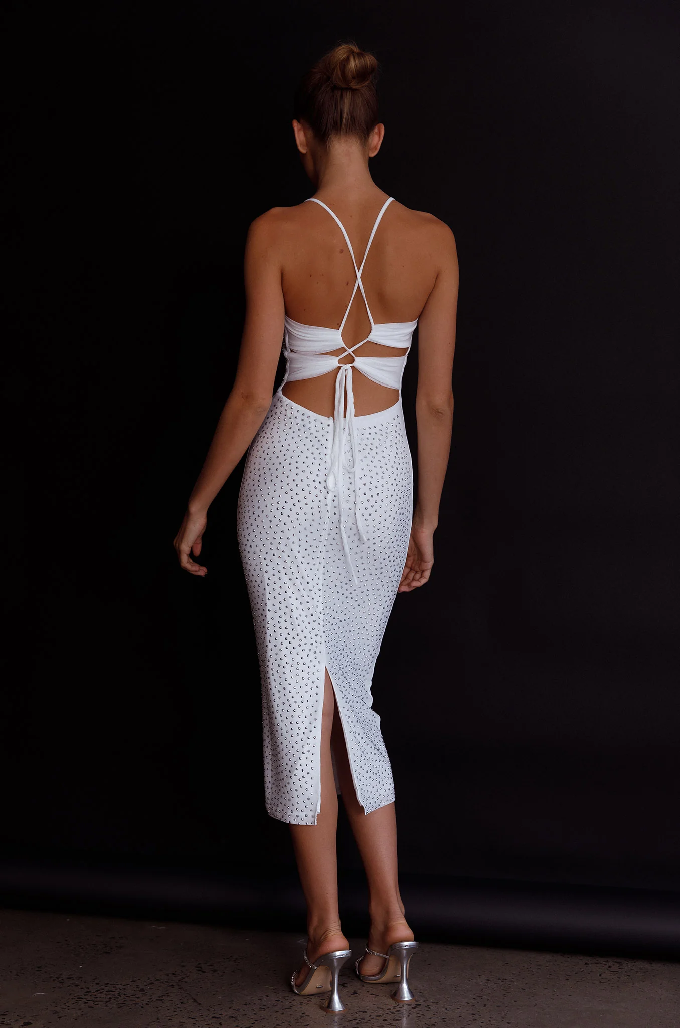 Goodnight Kiss Strappy Back Embellished Midi Dress Ivory - Sonourner