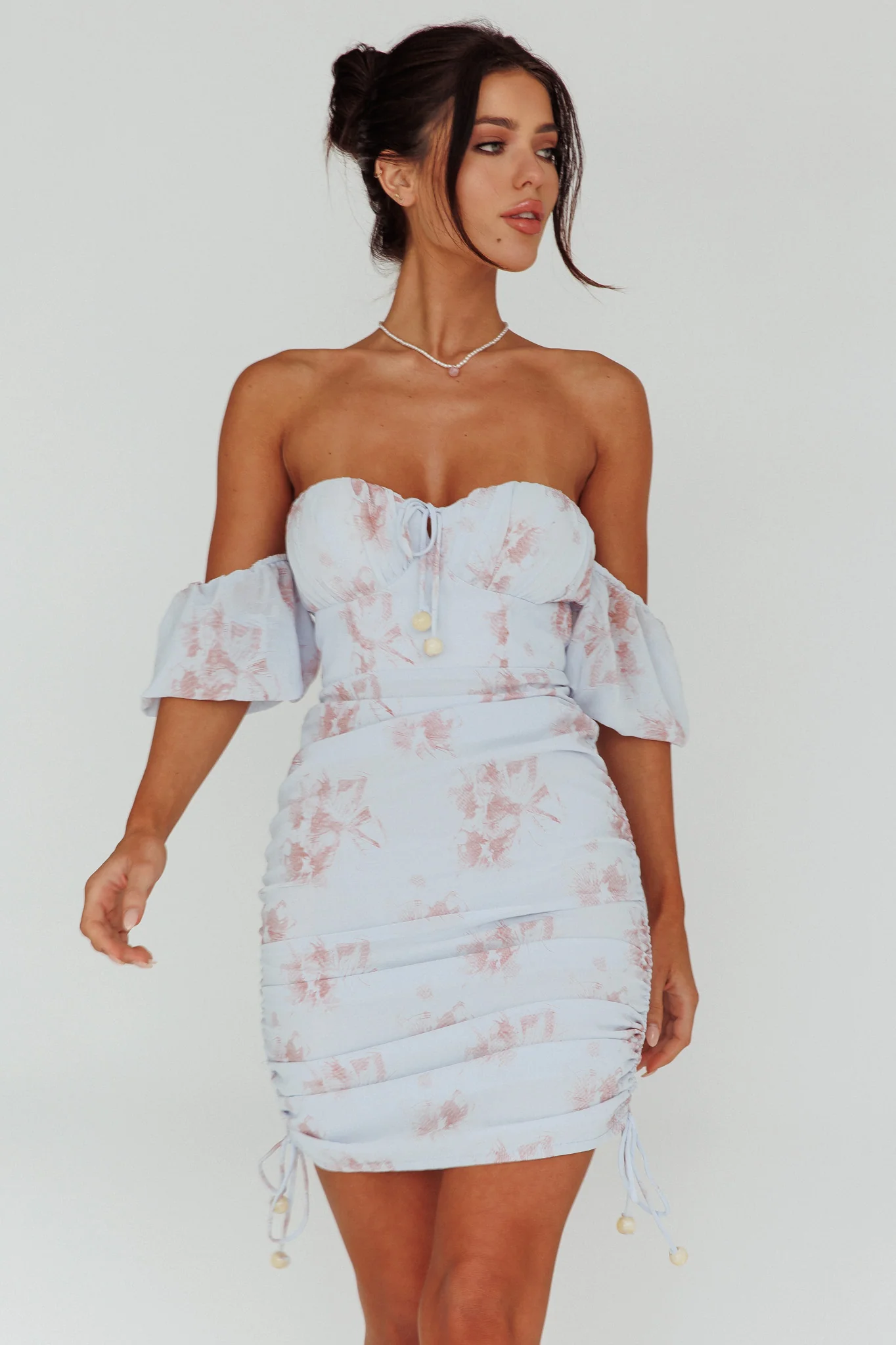 Summer In Paradise Sweetheart Neckline Ruched Side Dress Printed Blue - Sonourner