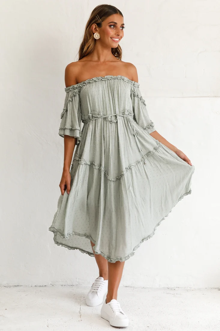 Renoir Off-Shoulder Frill Trim Midi Dress Olive - Sonourner