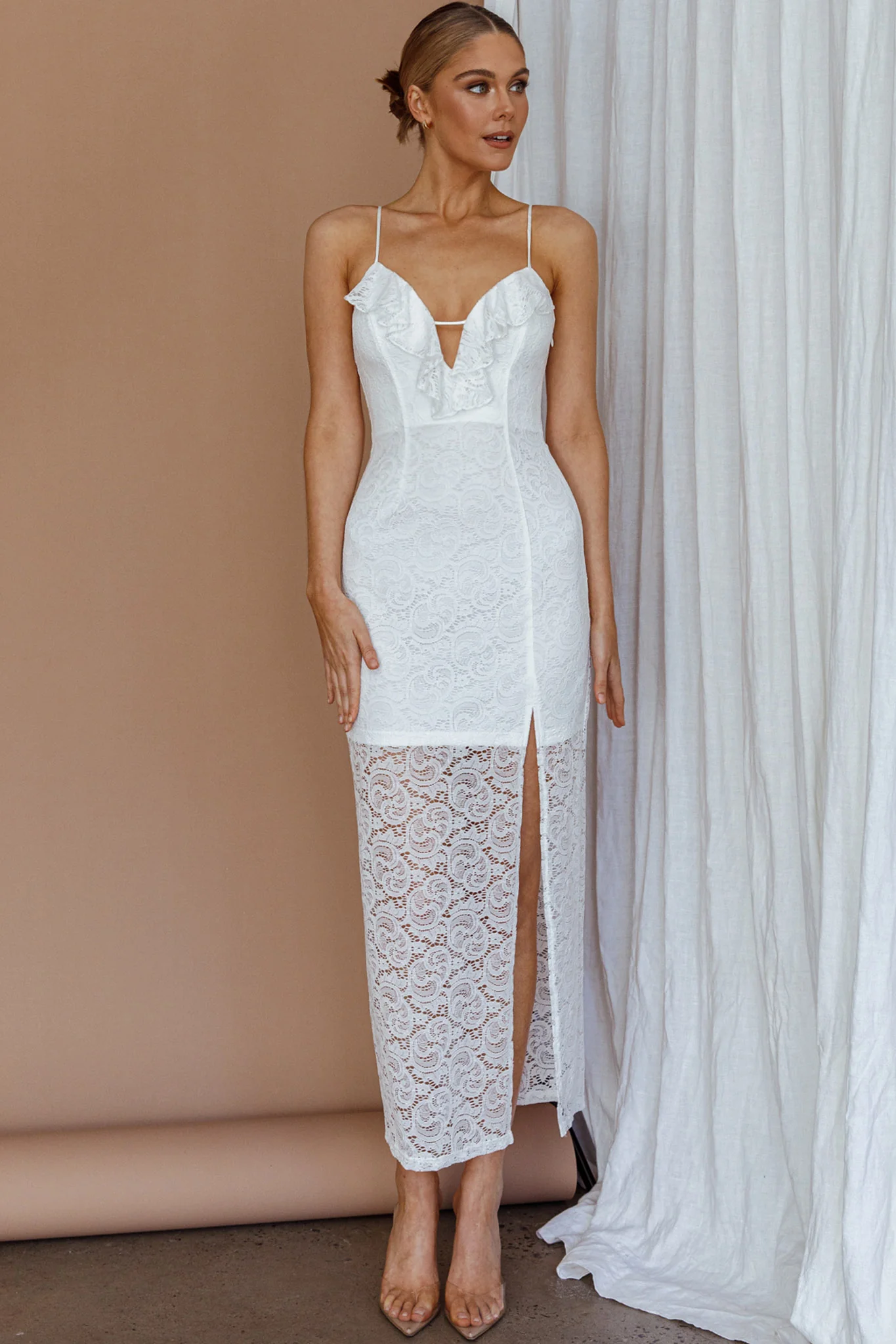 Evaleigh Frill Trim Lace Midi Dress White - Sonourner