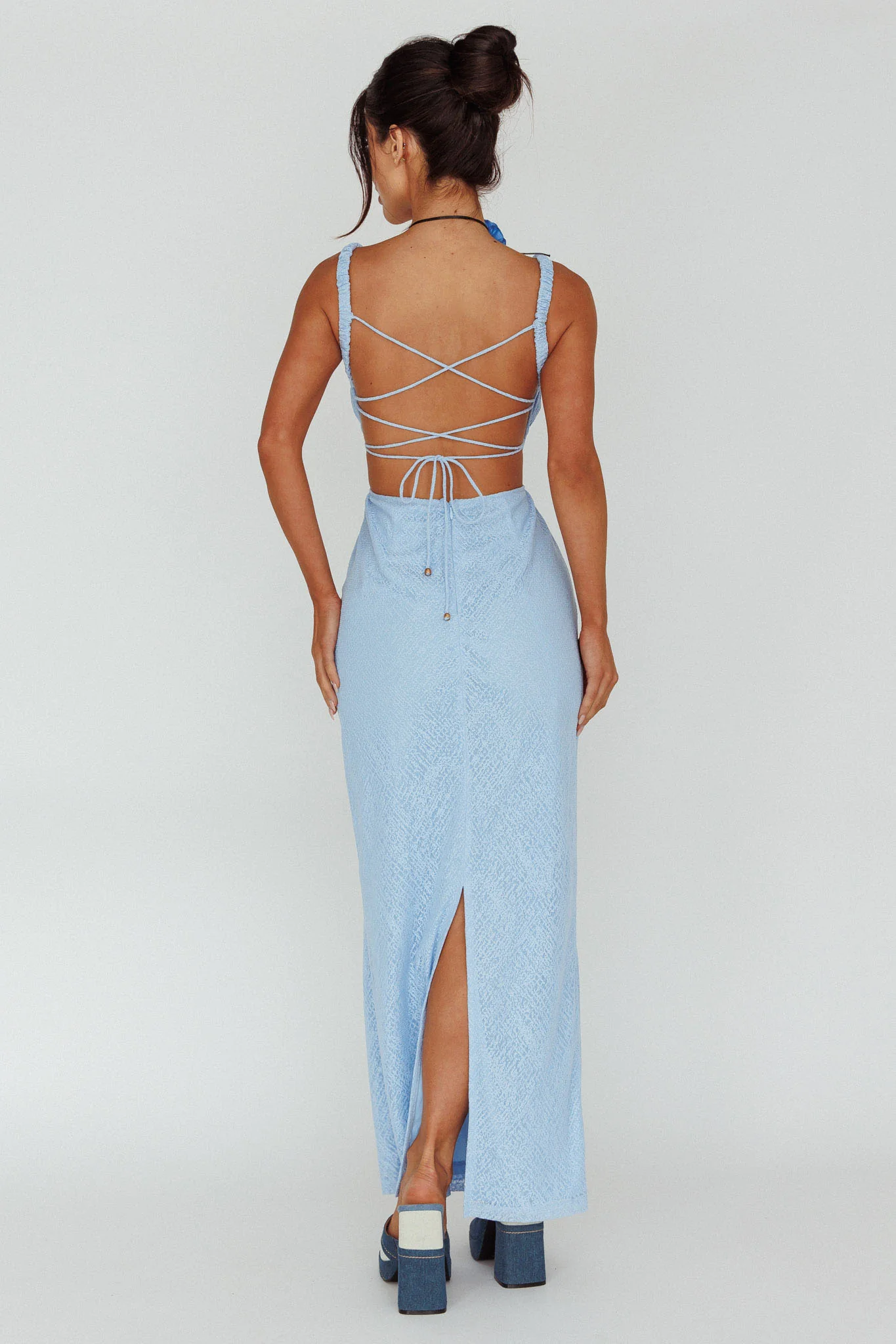 Dream Crush Lace-Up Back Mesh Overlay Midi Dress Blue - Sonourner