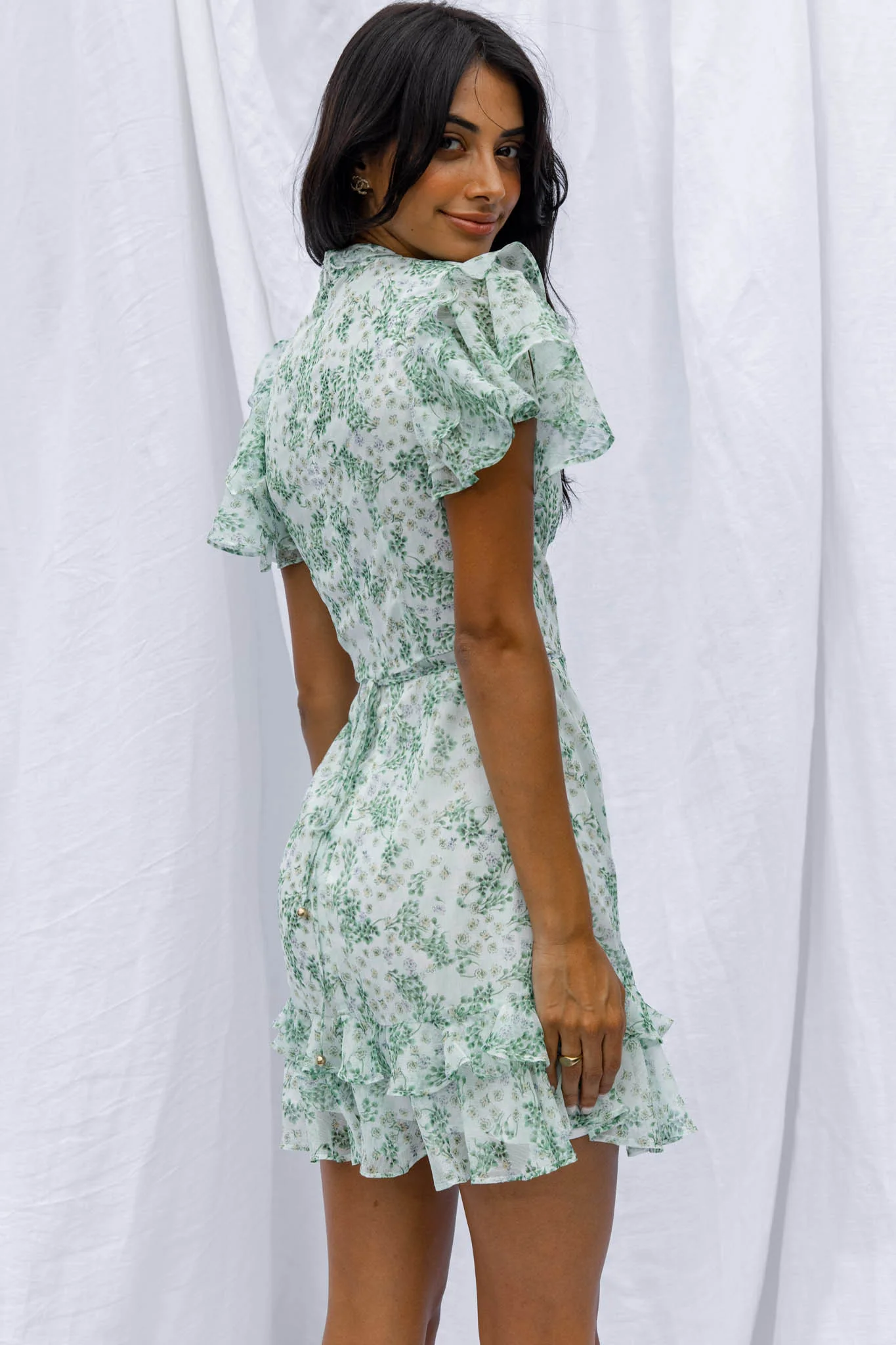 Lark High Neck Ruffle Sleeve Dress Clover Print Green - Sonourner