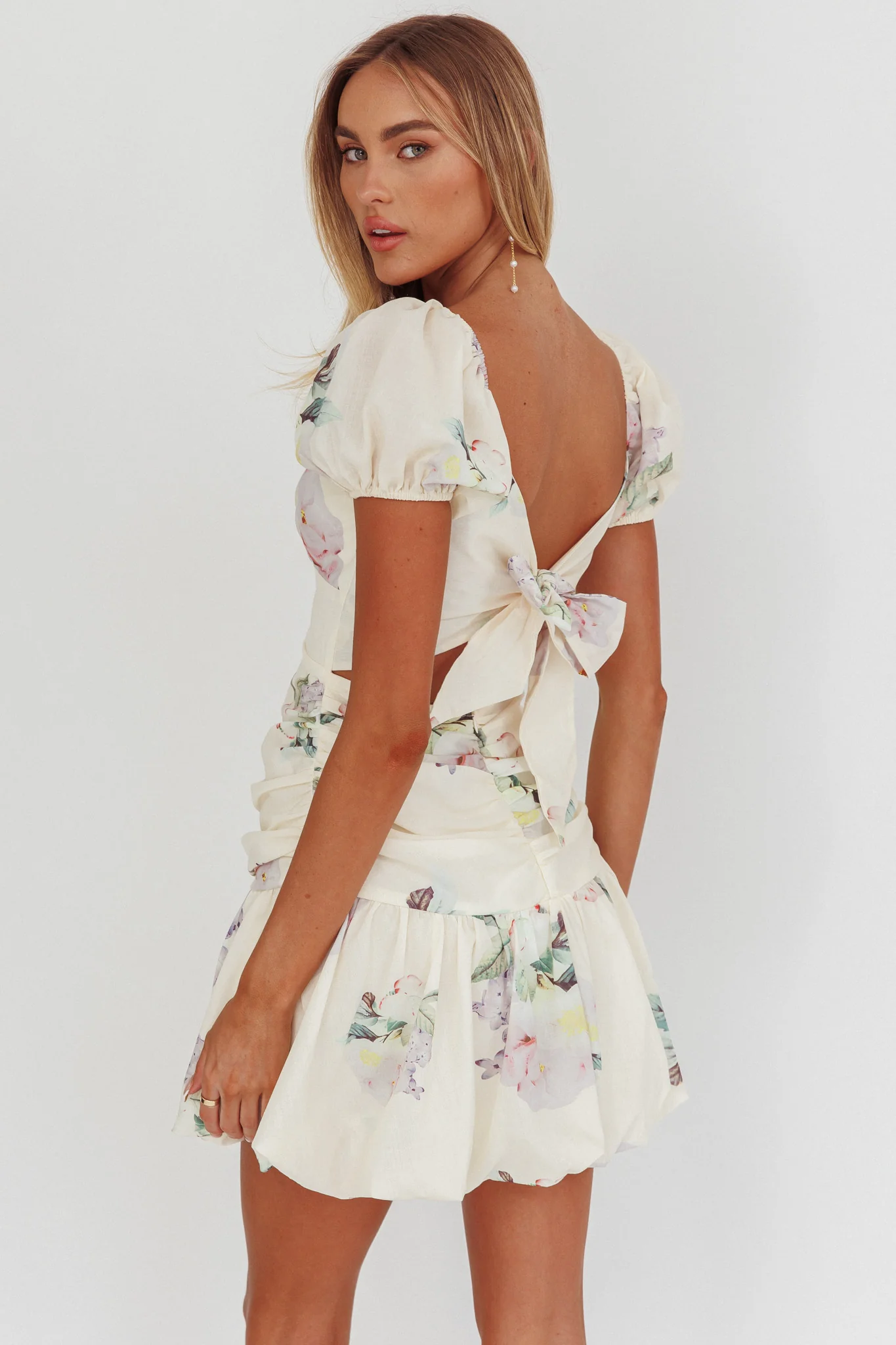 Annabella Puff Sleeve Tied Back Mini Dress Floral Butter - Sonourner