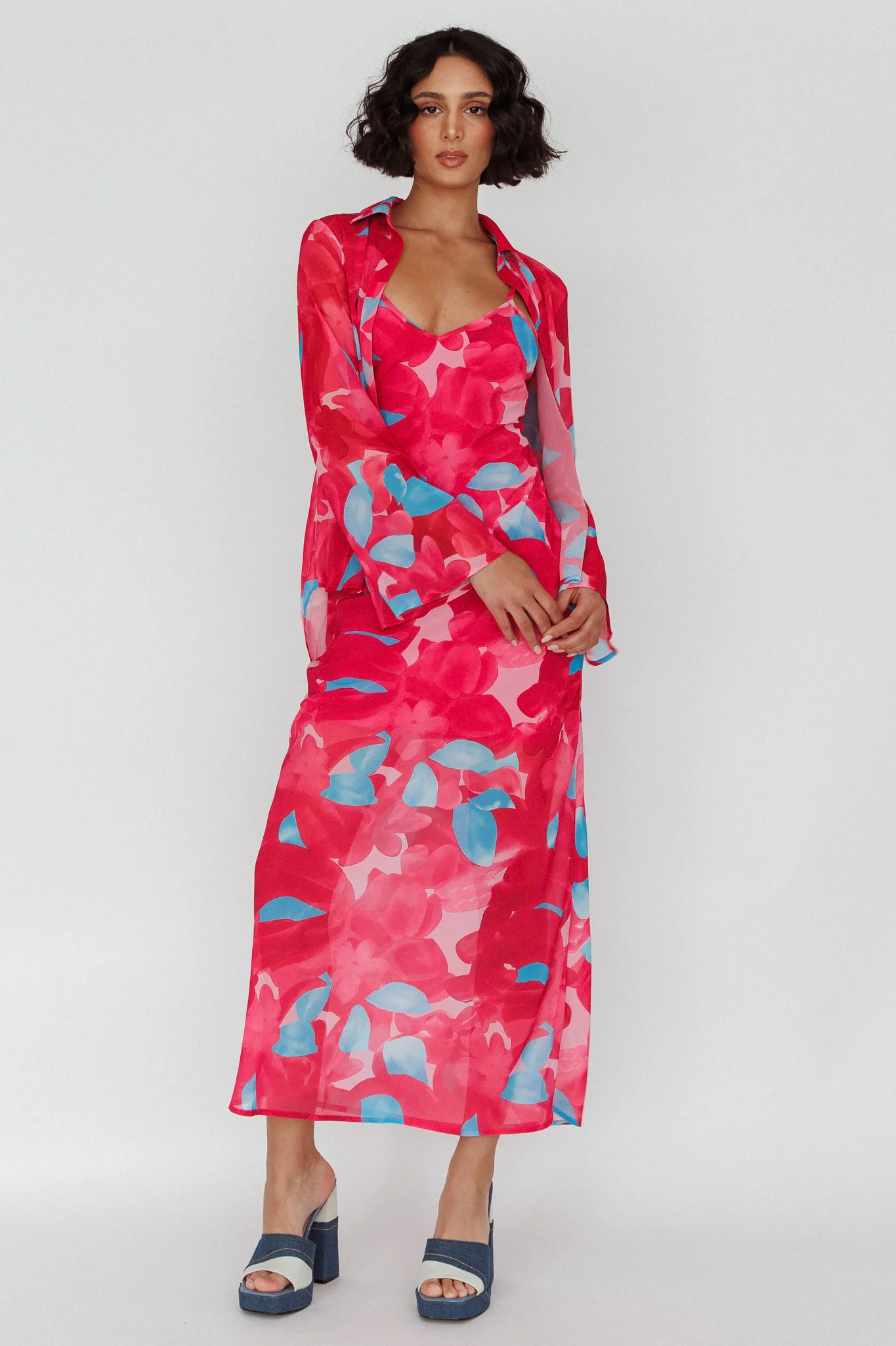 Stasi Cami Strap Midi Dress Floral Pink - Sonourner