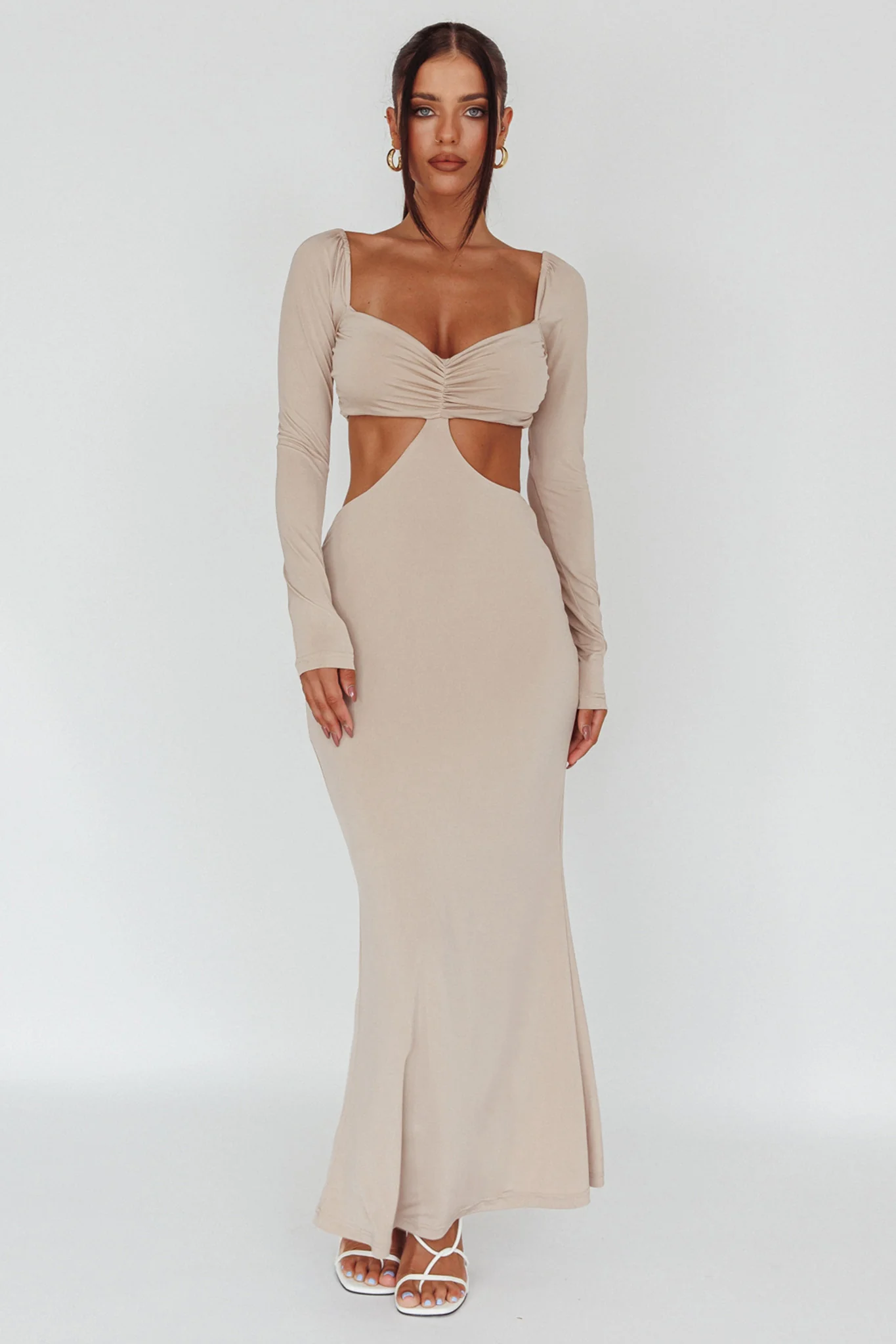 Vienna Long Sleeve Cut-Out Waist Maxi Dress Oat - Sonourner