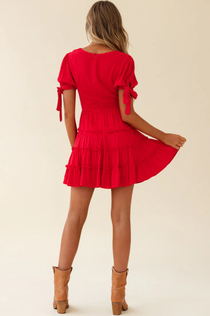 Jocelyn Short Sleeve Tied Cuff Layered Ruffle Dress Red - Sonourner