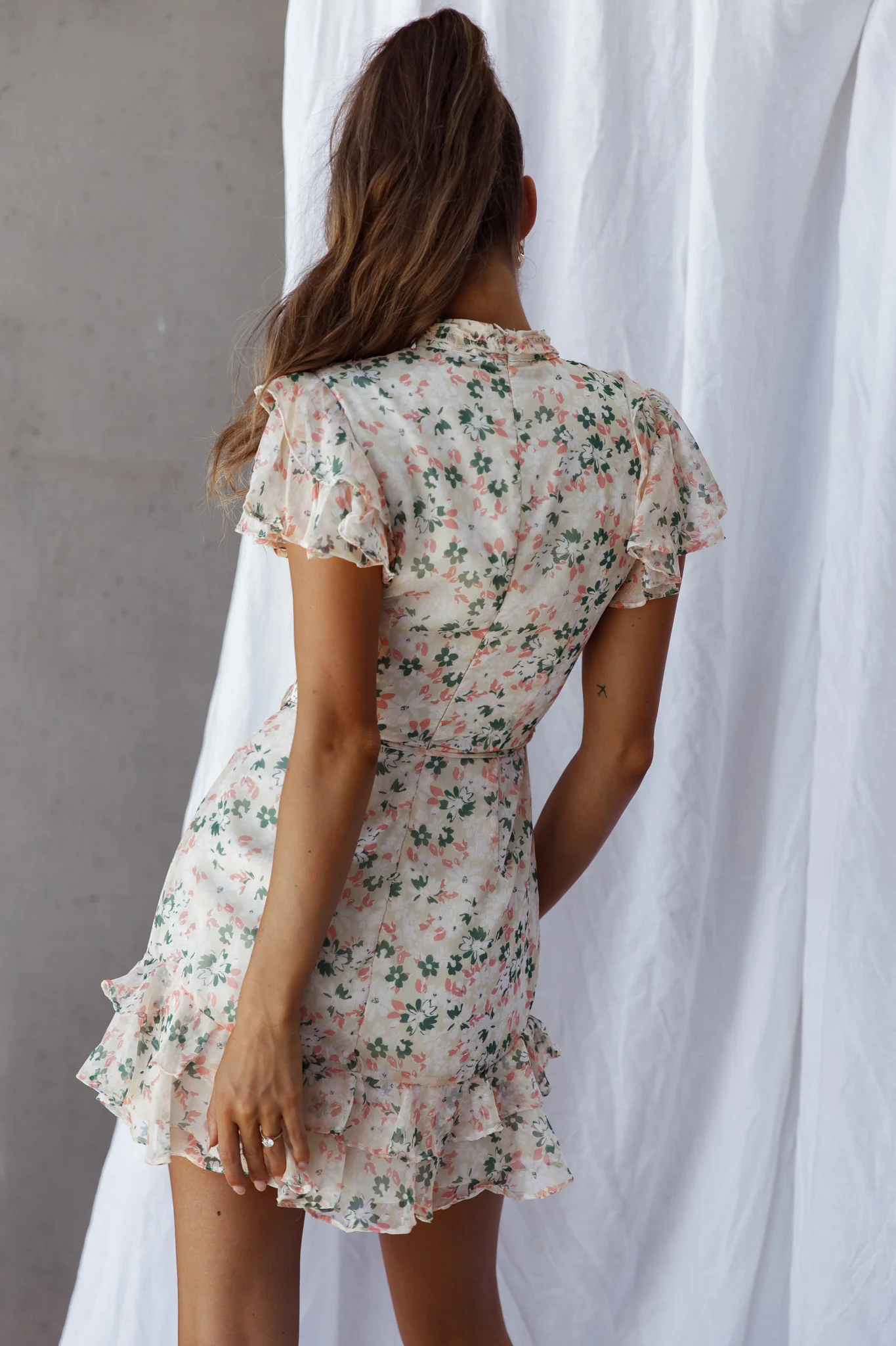 Lark High Neck Ruffle Sleeve Dress Flower Print Yellow - Sonourner