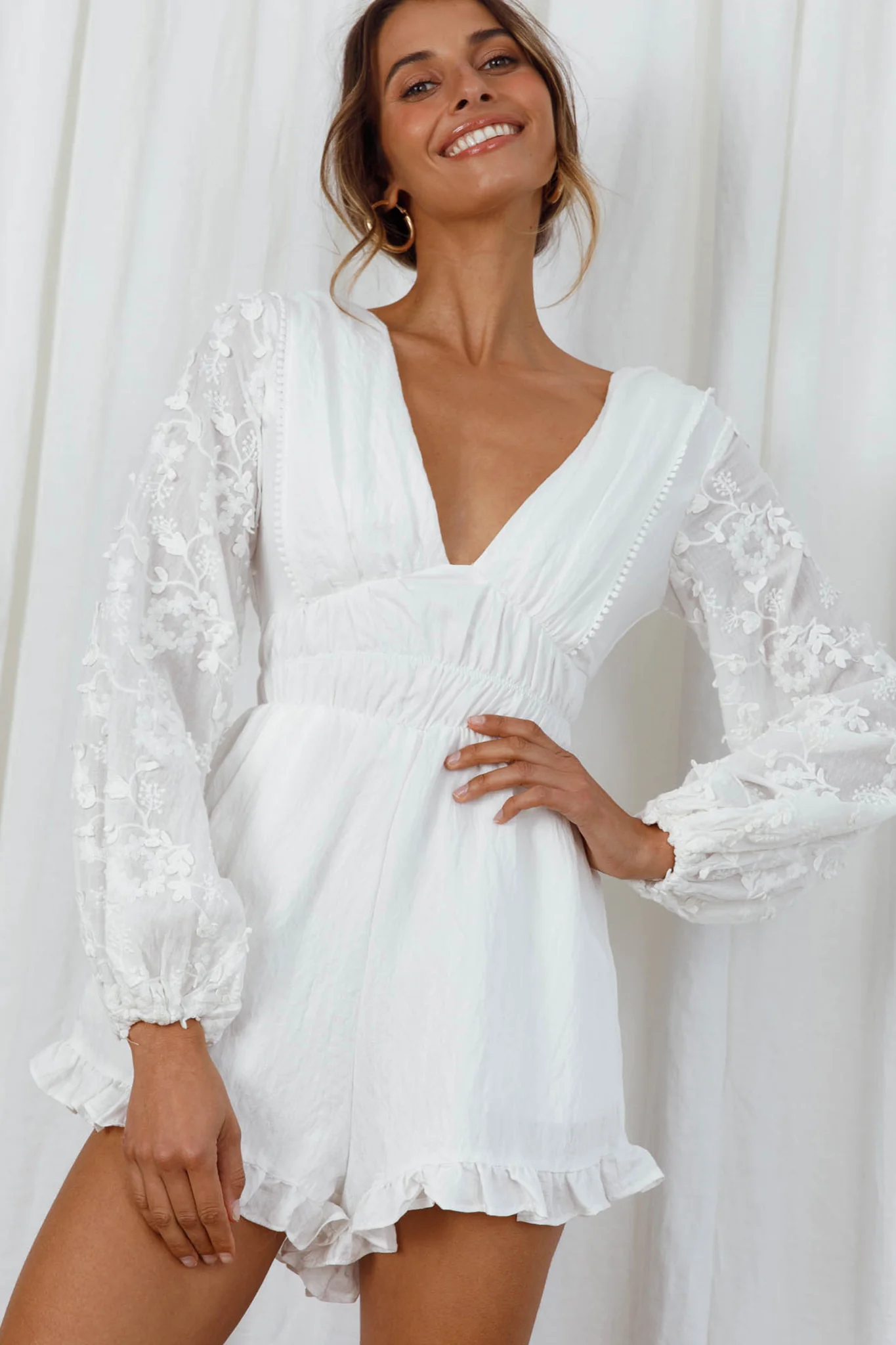 Novella Long Embellished Sleeve Frill Trim Romper White - Sonourner