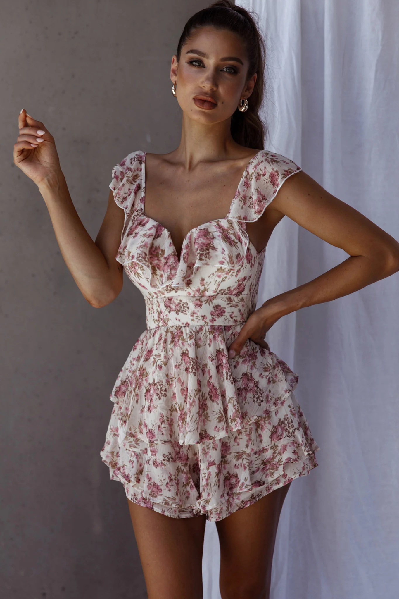 Revel Ruffle Trim Tied Back Romper Floral Pink - Sonourner