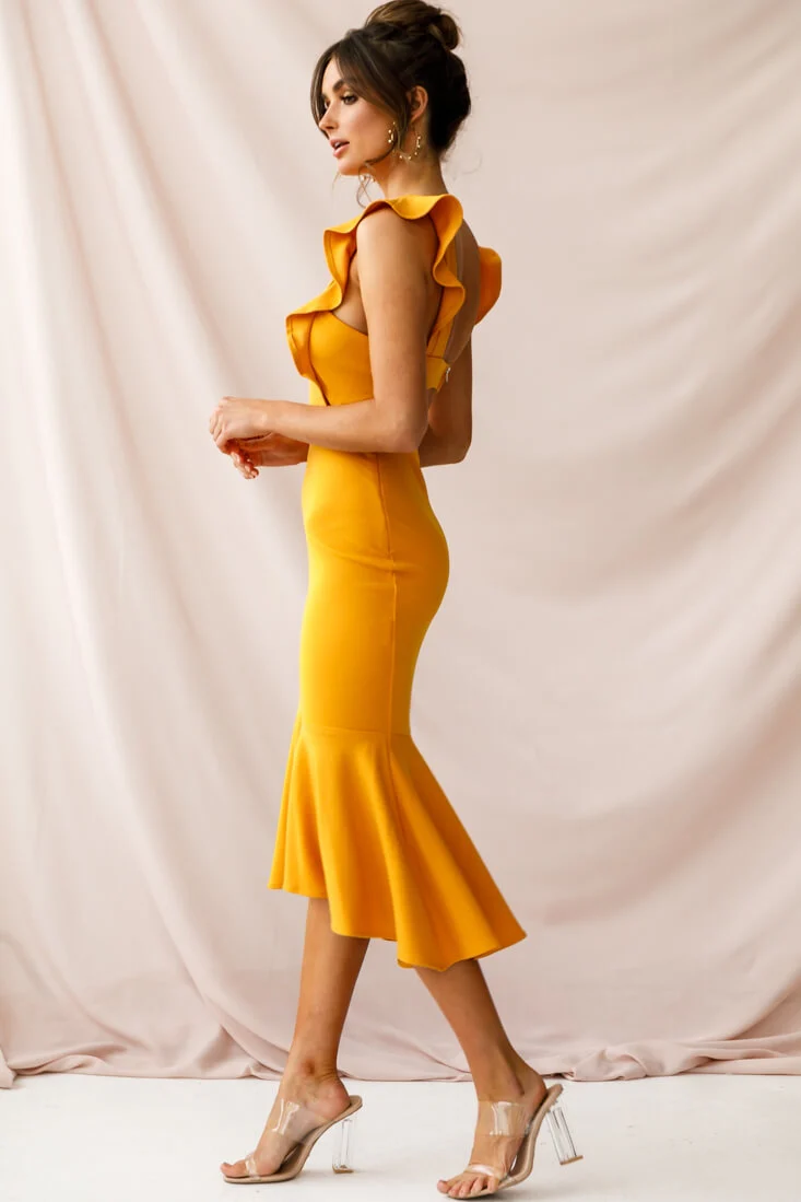 Jackie Wide Ruffle Hem Pinafore Midi Dress Mustard - Sonourner