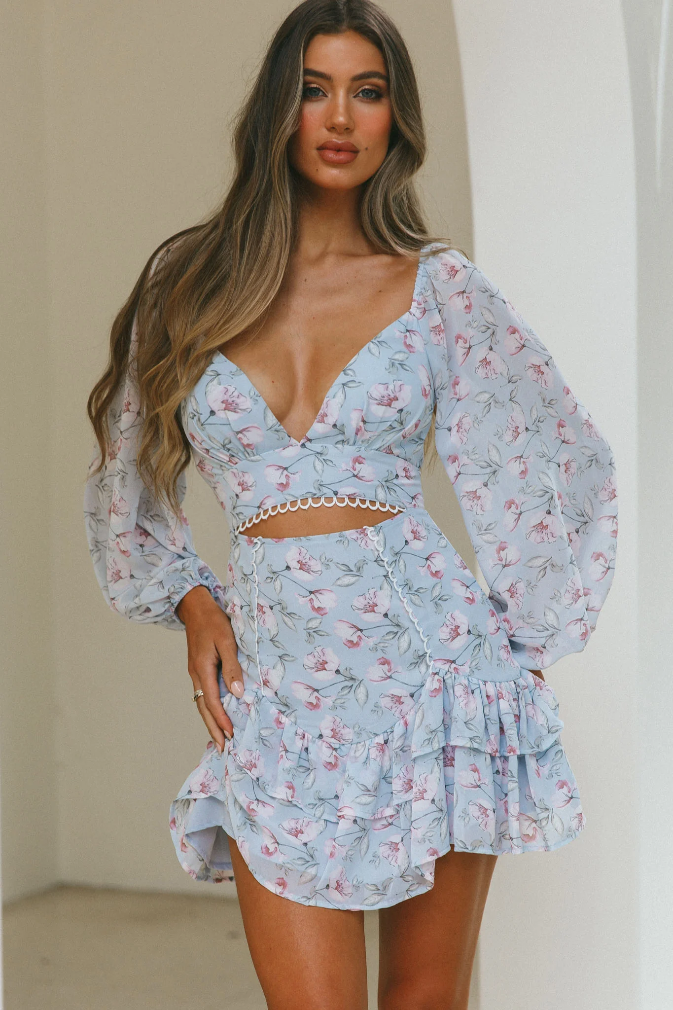 Dearly Beloved Balloon Sleeve Layered Frill Hem Dress Flower Print Blue - Sonourner