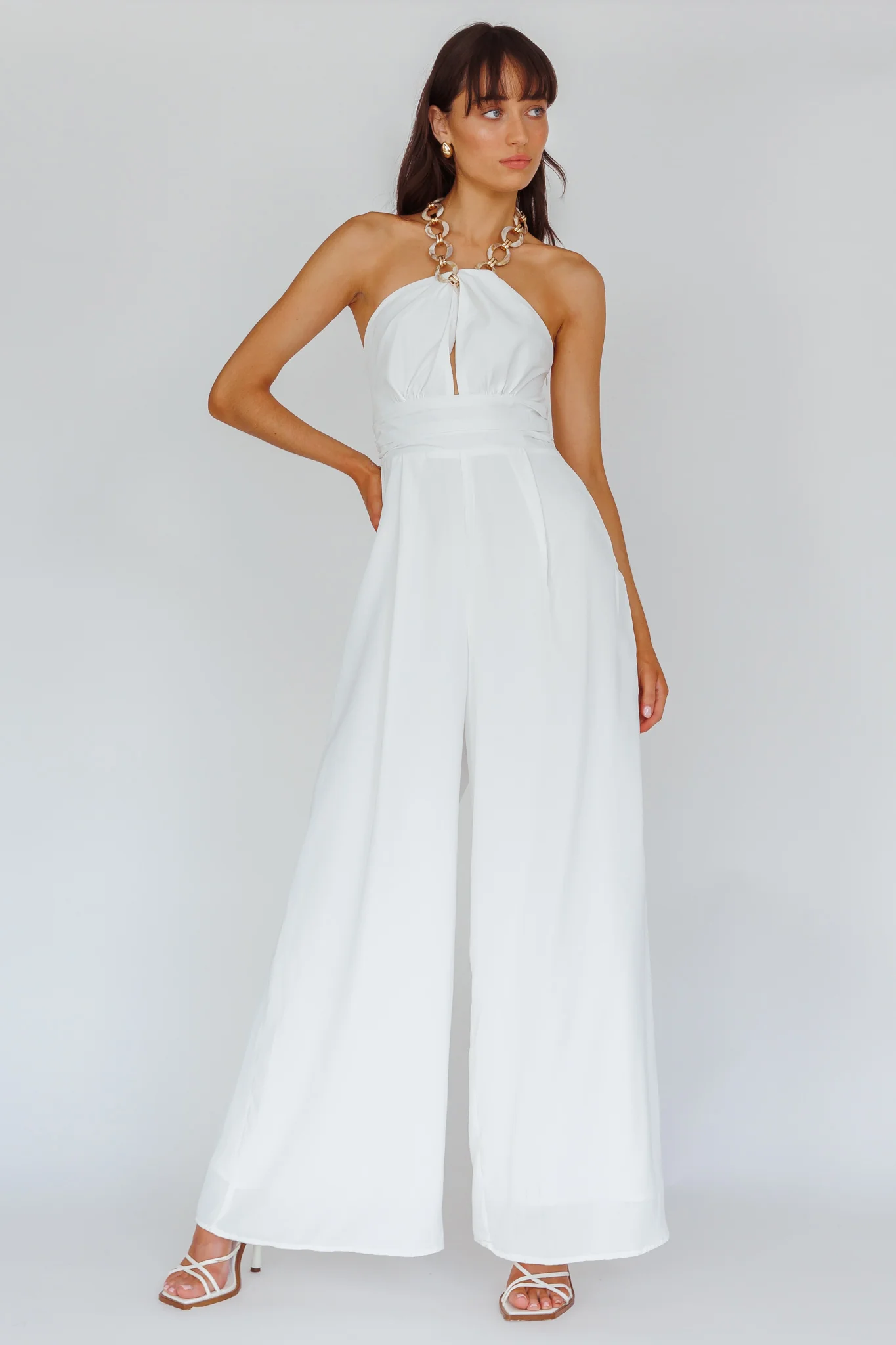 Golden Moon Chain Halter Jumpsuit White - Sonourner