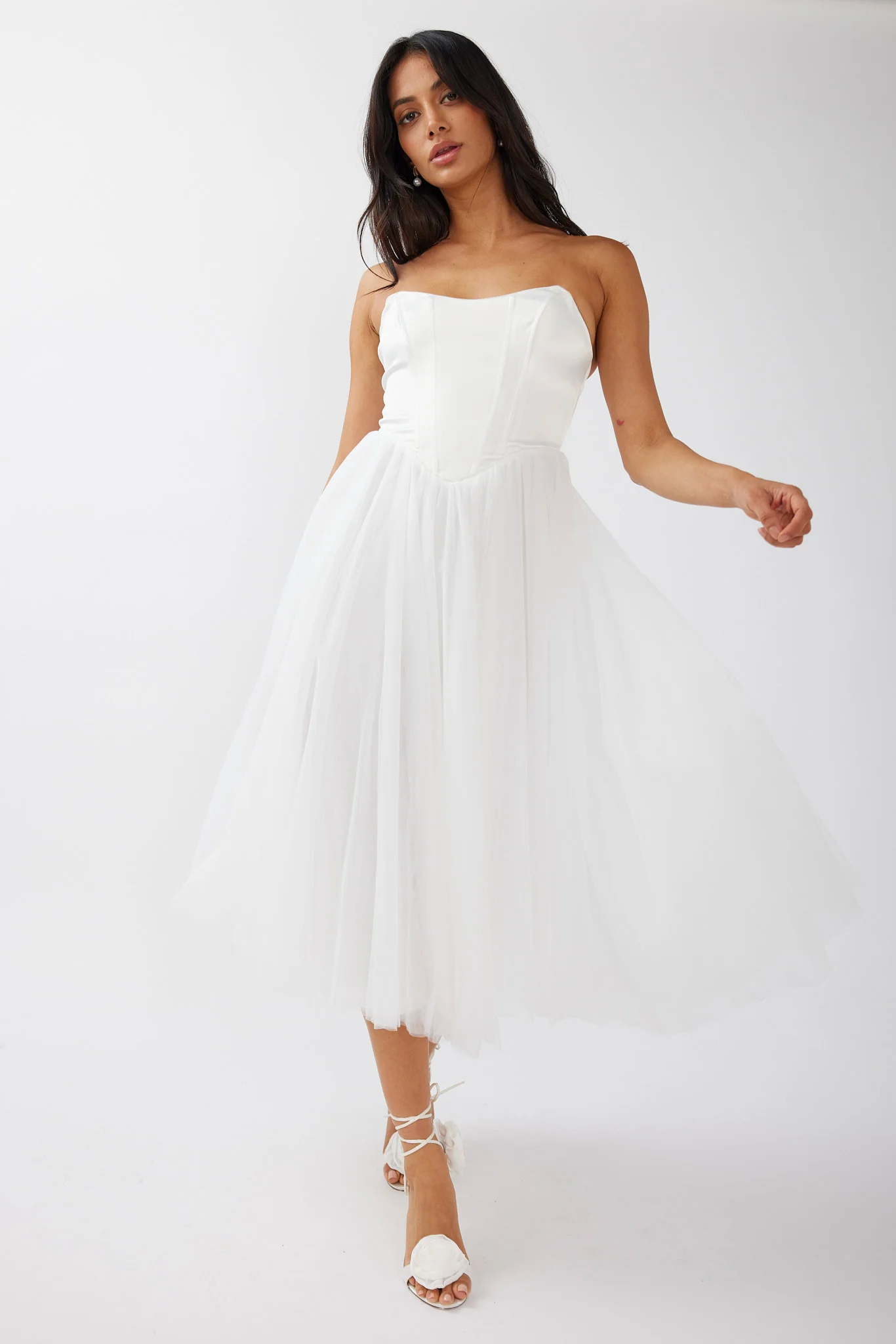 Rosemary Tulle Bustier Midi Dress White - Sonourner