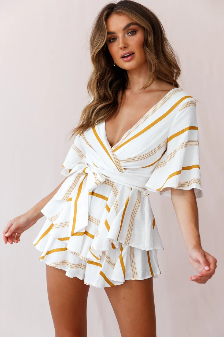 Happy Hour Deep V-Neckline Open Back Romper Stripe Print Mustard - Sonourner