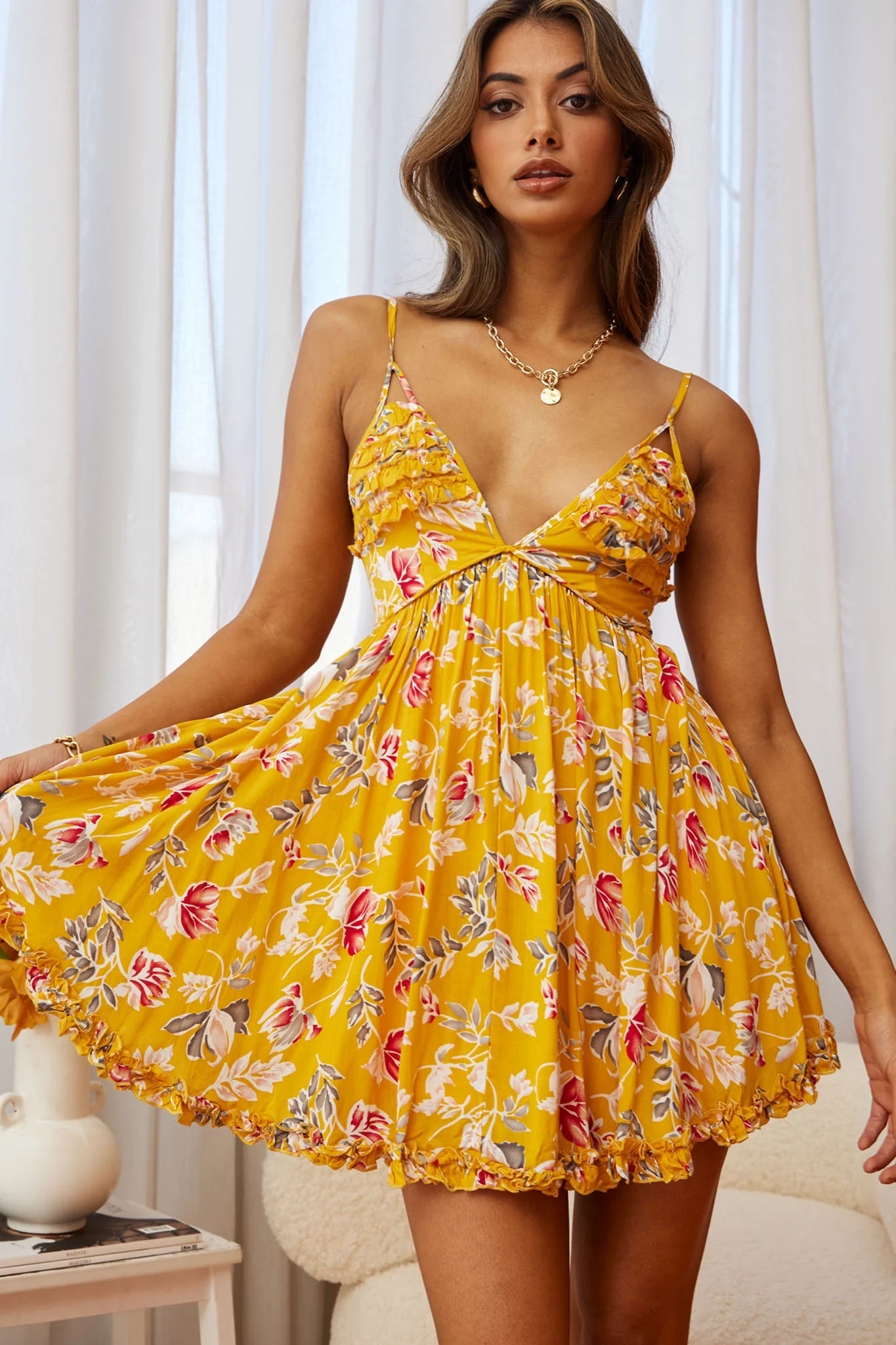 Dote On Me Frill Trim Strappy Back Dress Flower Print Mustard - Sonourner