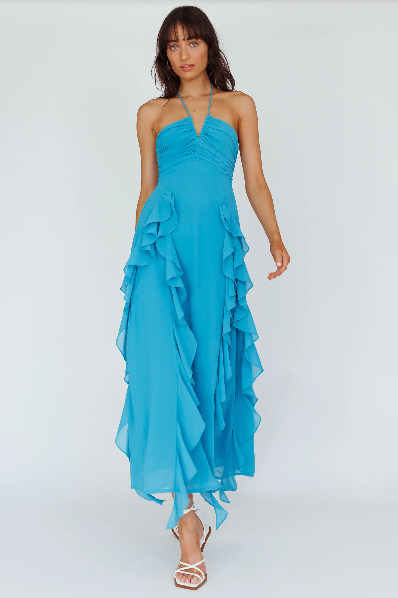 Asiah Ruffle Trim Halterneck Maxi Dress Cerulean Blue - Sonourner