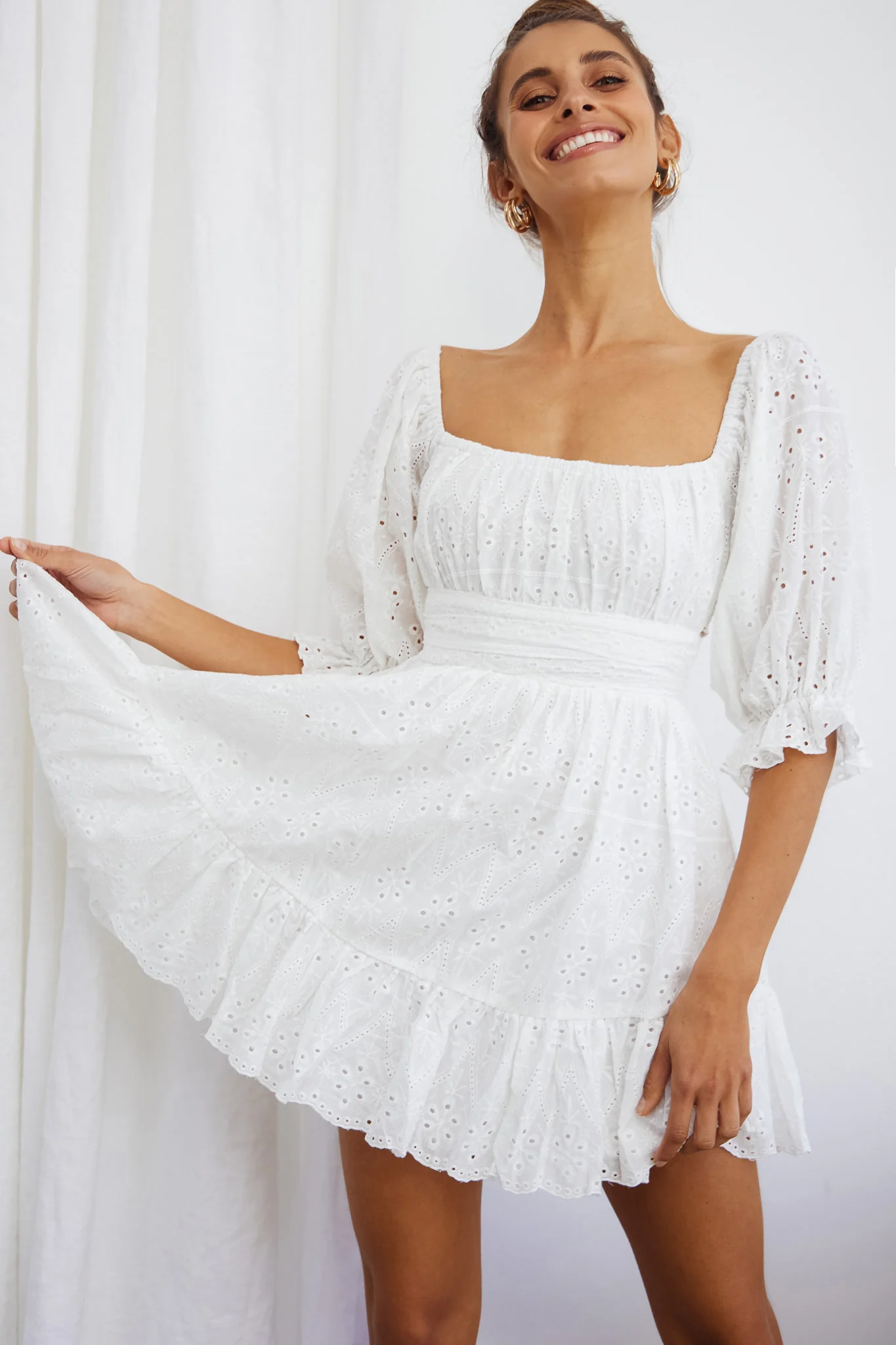 Abby Off-Shoulder Tie-Up Back Dress Eyelet Embroidery Dress White - Sonourner