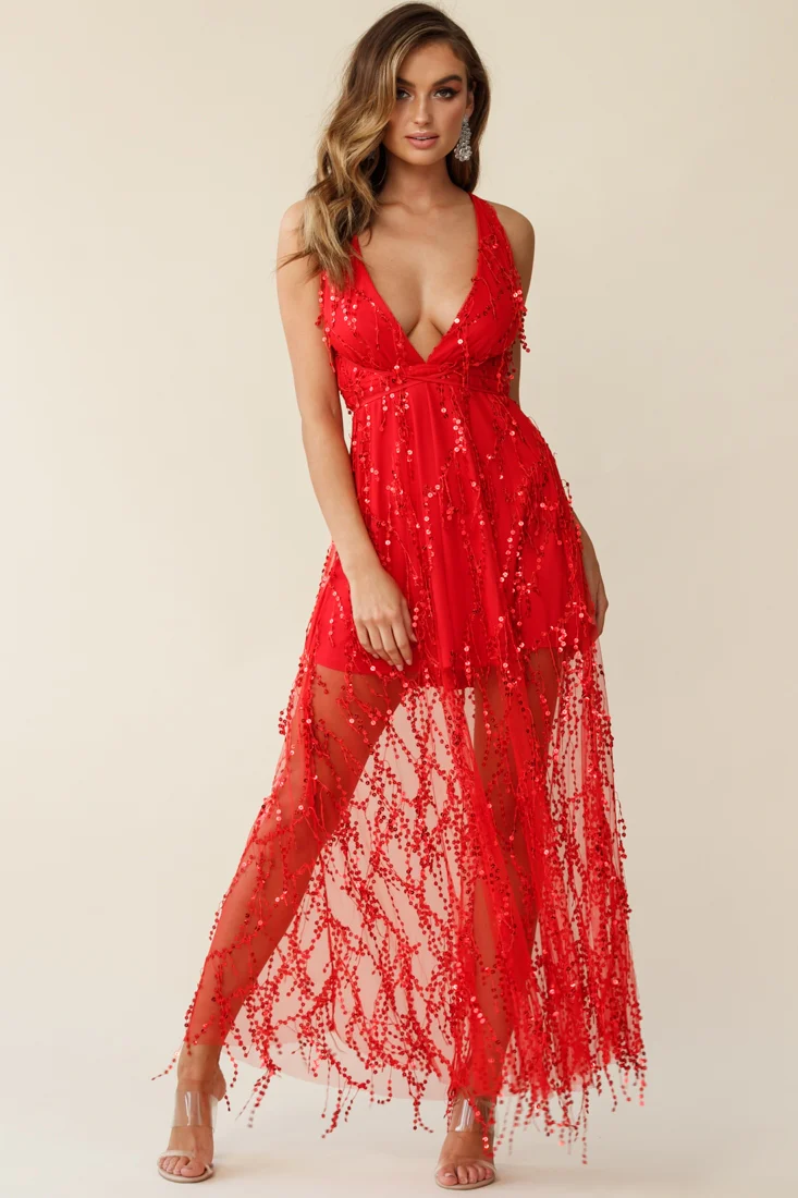 Tiara Sequin Maxi Dress Red - Sonourner