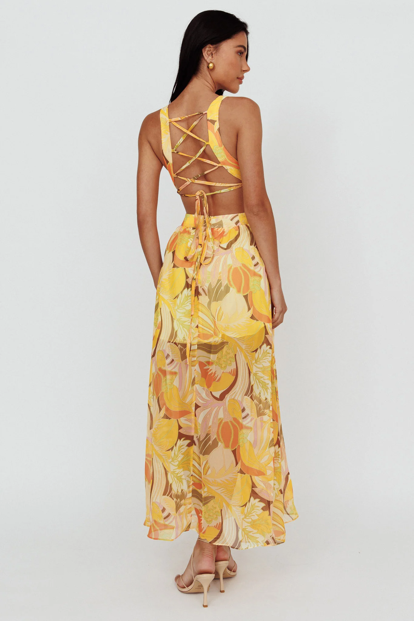 Maura Lace-Up Back Maxi Dress Floral Yellow - Sonourner