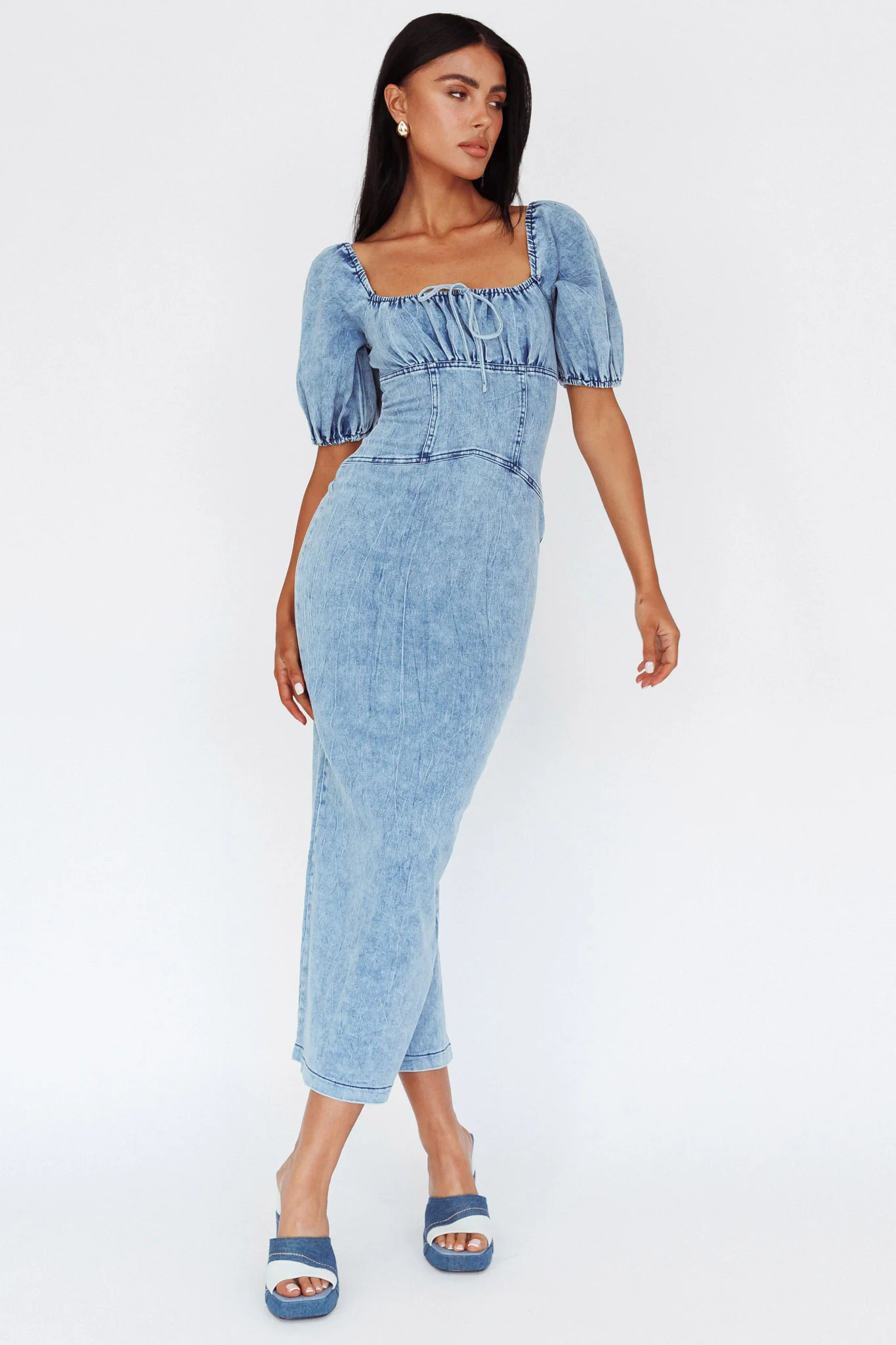 Juneau Puff Sleeve Midi Dress Denim Blue - Sonourner
