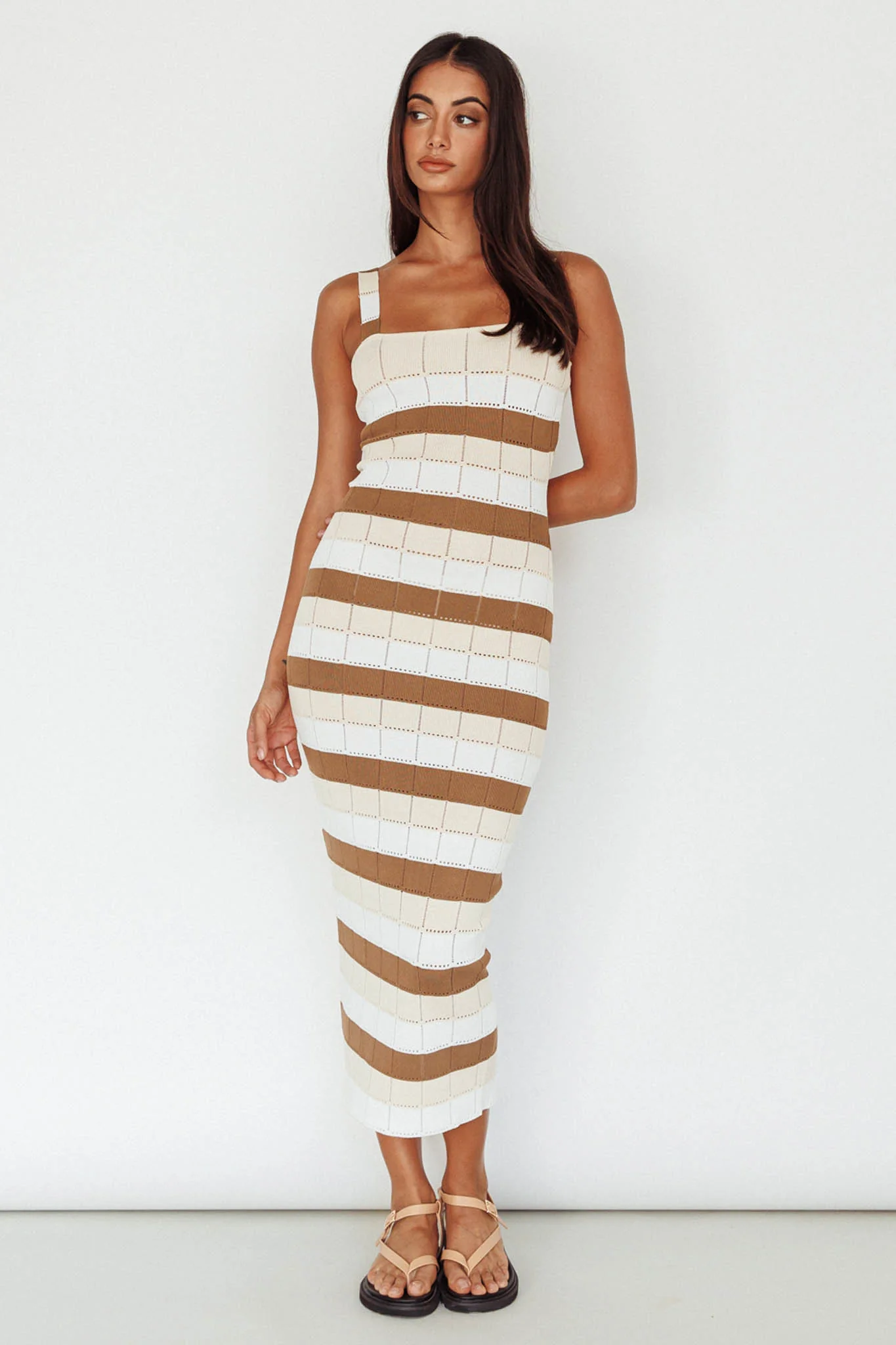 Chase The Sunrise Knit Midi Dress Striped Chocolate/White - Sonourner
