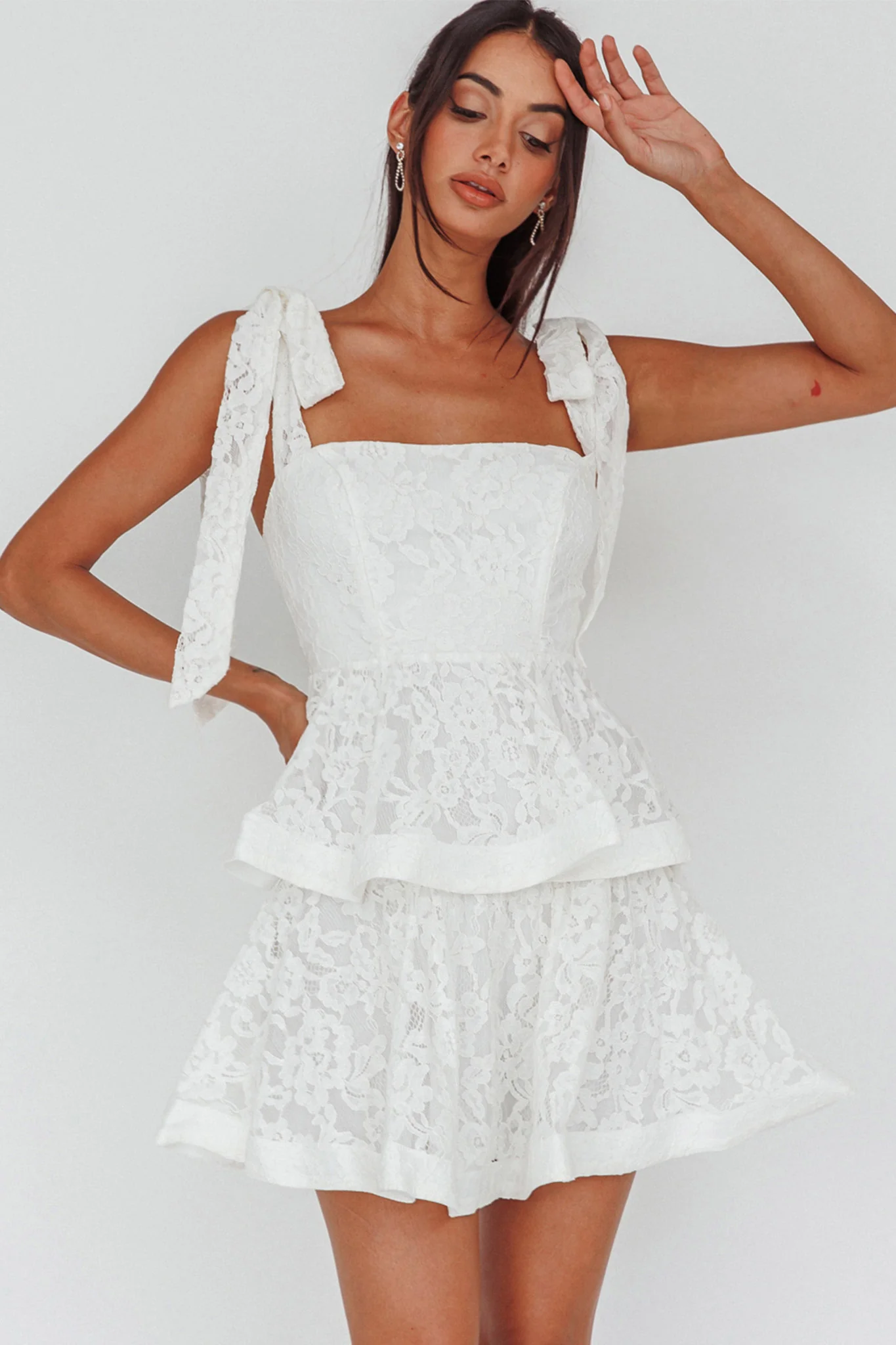 Neriah Tied Shoulder Tiered Lace Mini Dress White - Sonourner