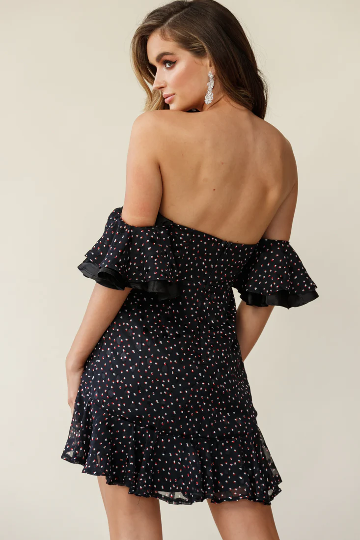 Lure Off-Shoulder Ruched Dress Speckle Print Black - Sonourner