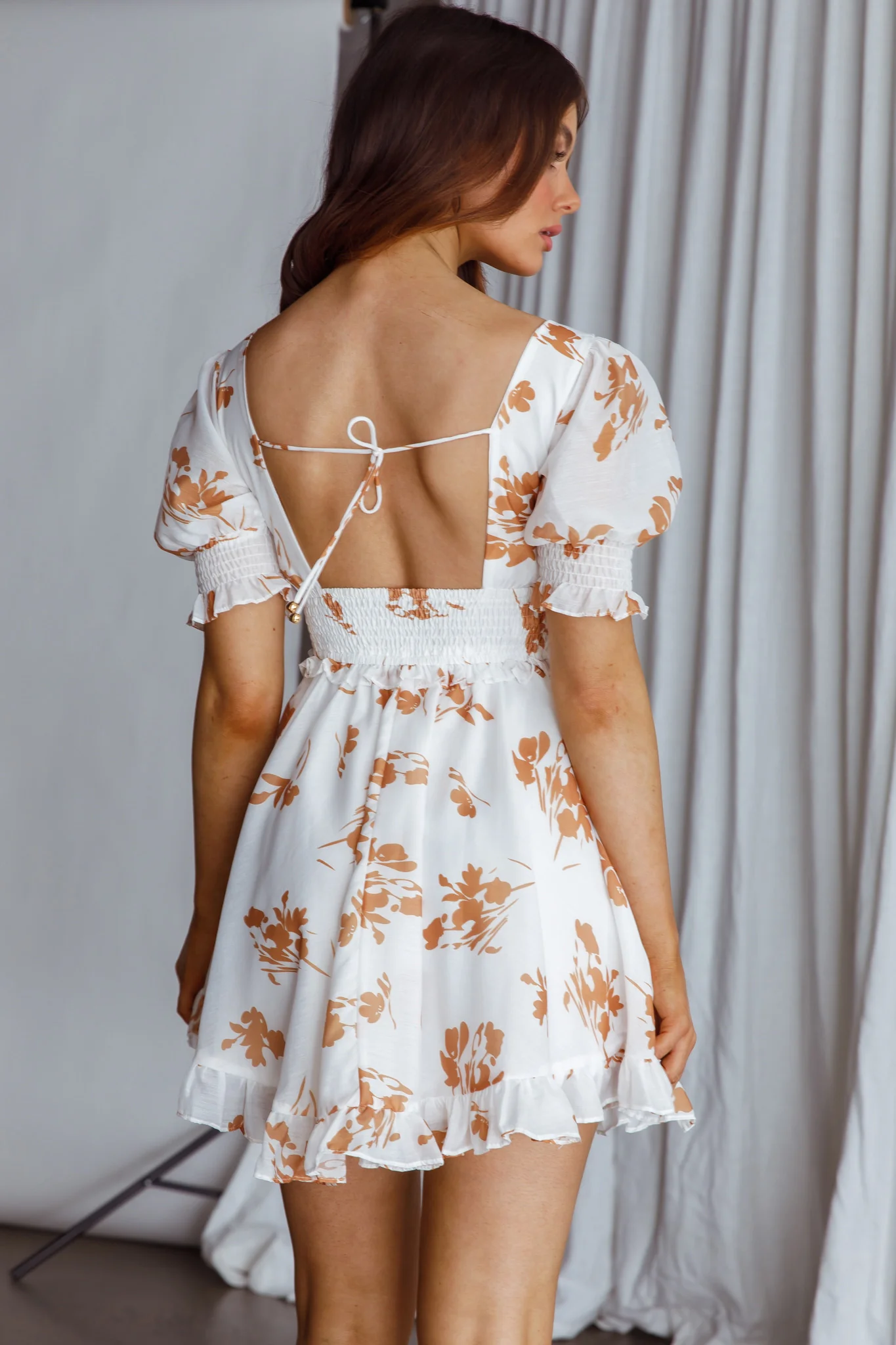 Summer In Paris Puff Sleeve Open Back Dress Floral Tan - Sonourner
