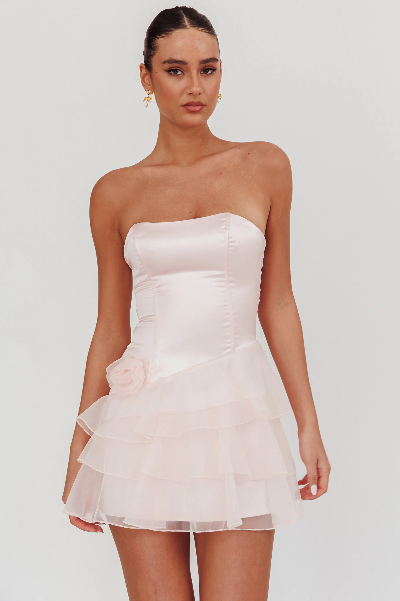 Bless Strapless Organza Ruffle Mini Dress Blush - Sonourner