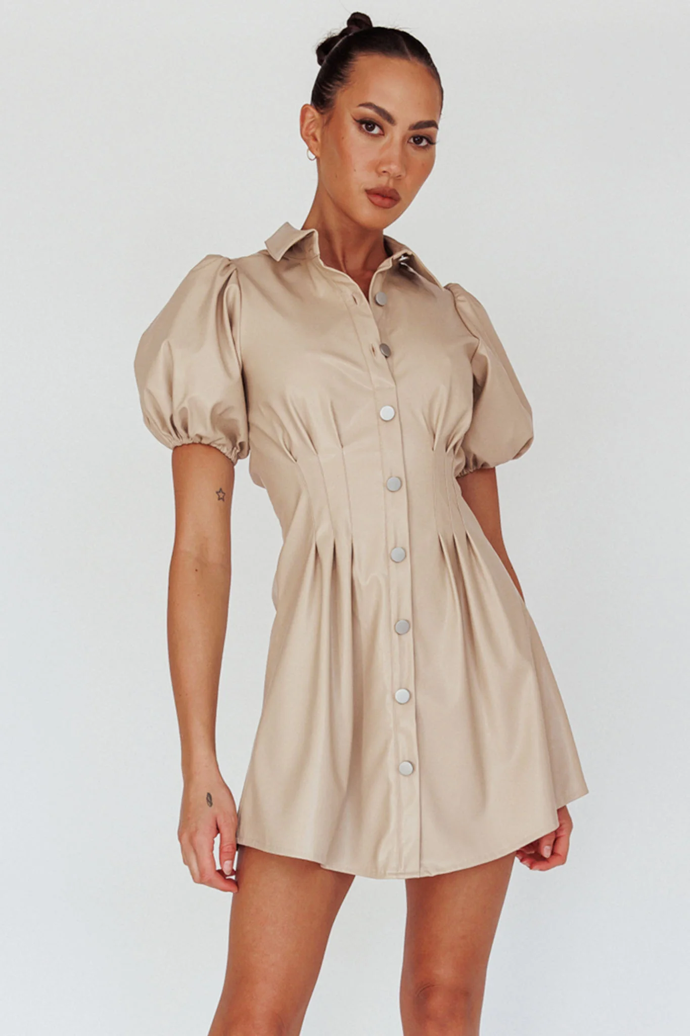 Zurich Pleated Waist Shirt Dress Faux Leather Nude - Sonourner