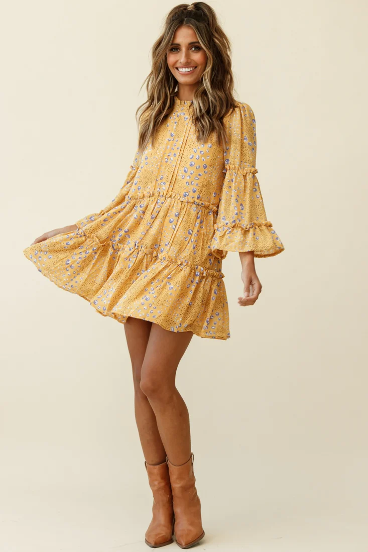 Beatrix High Neck Bell Sleeve Dress Droplet Print Yellow - Sonourner