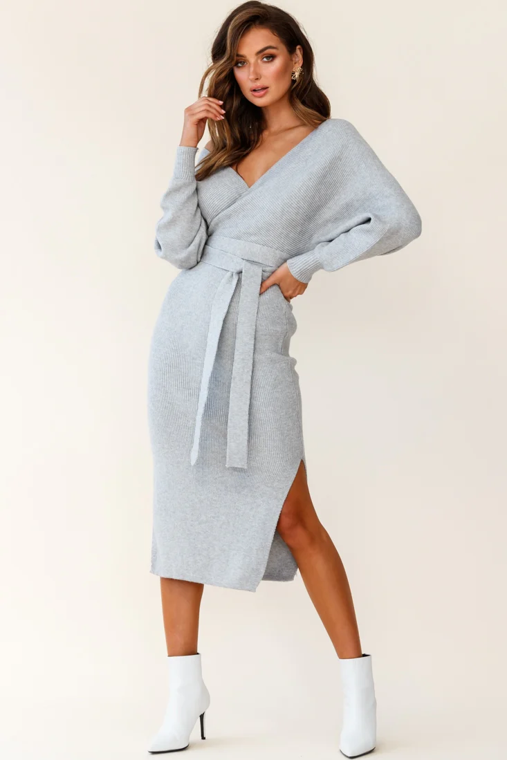 Cameo Batwing Knit Midi Dress Grey - Sonourner