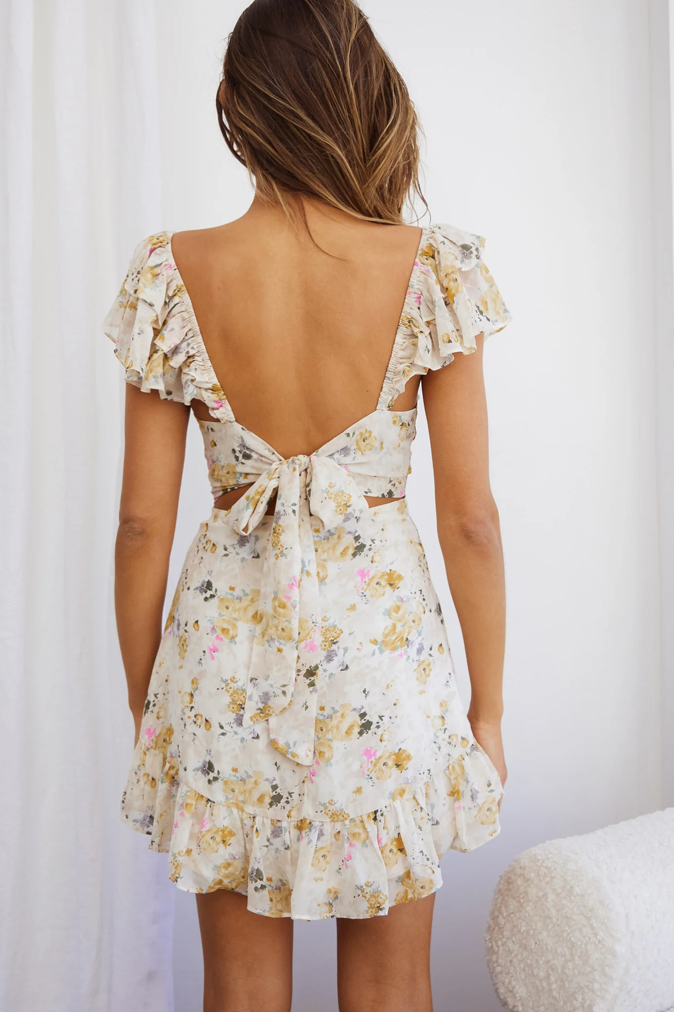 Lazy Sunday Frill Shoulder Tie-Up Back Dress Floral Print Beige - Sonourner