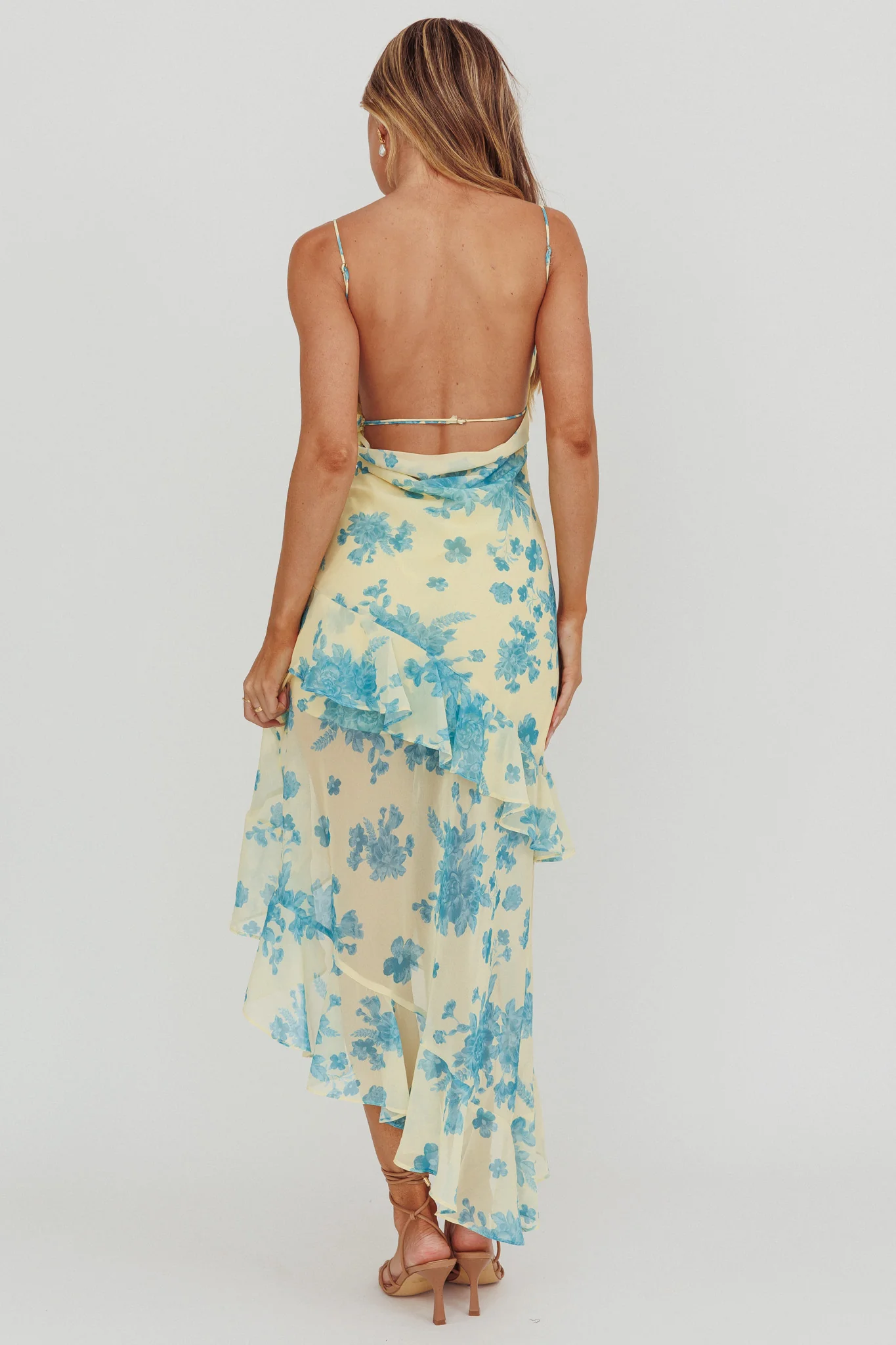 Chances Rosette Ruffle Midi Dress Floral Lemon - Sonourner