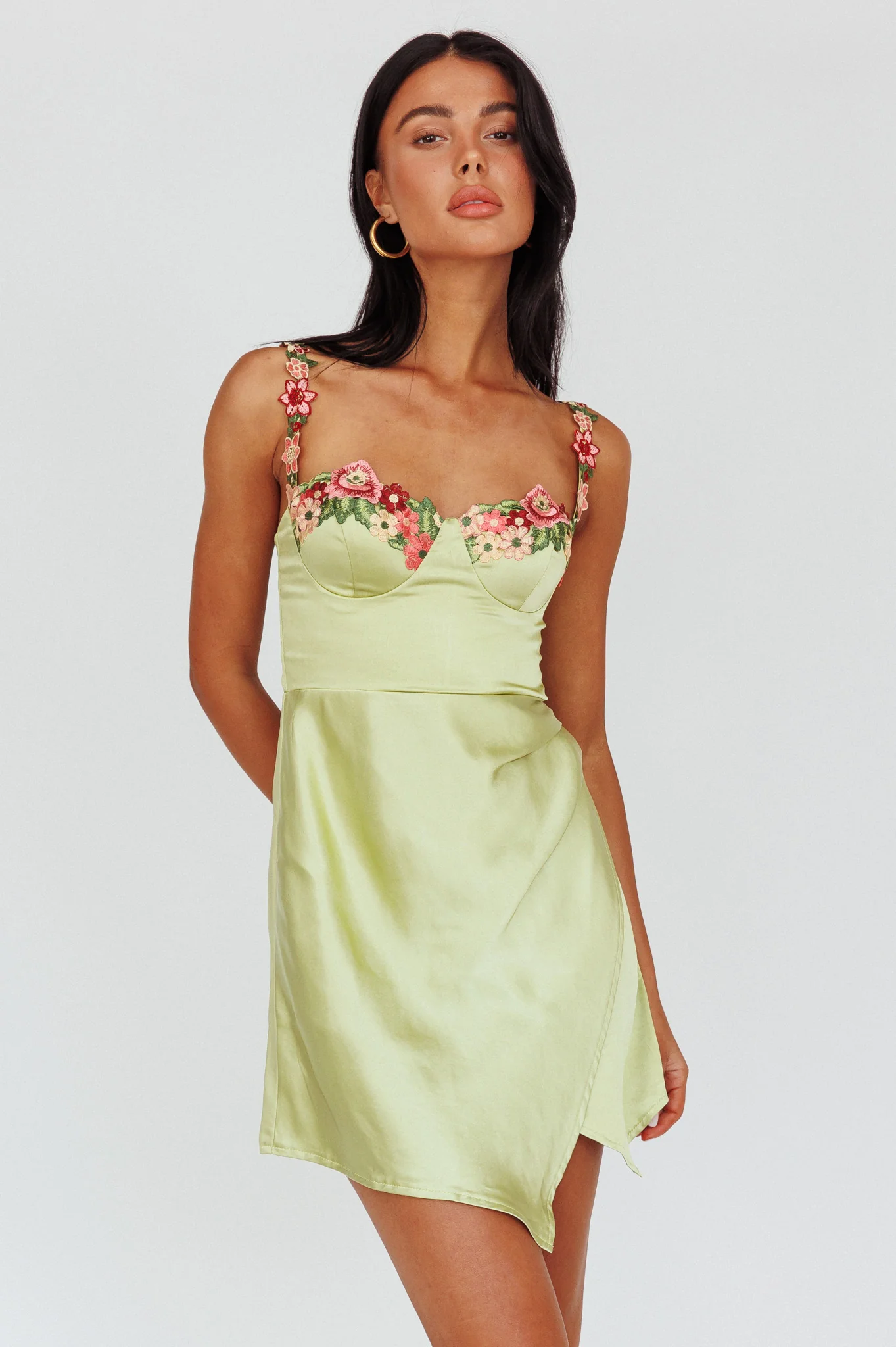 Rose Garden Floral Applique Wrap Mini Dress Lime - Sonourner