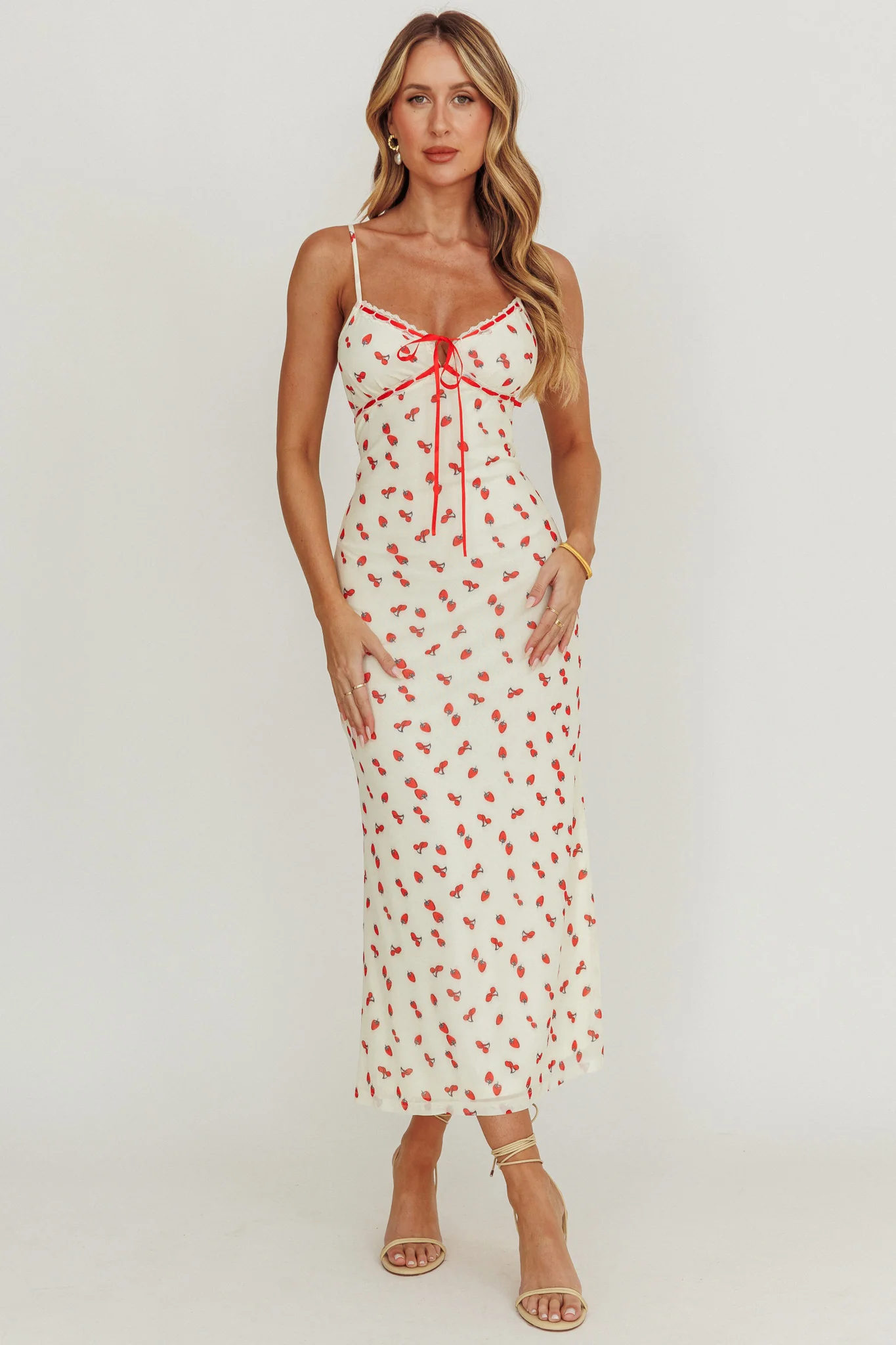 Heart Ablaze Strawberry Cherry Print Midi Dress Cream - Sonourner