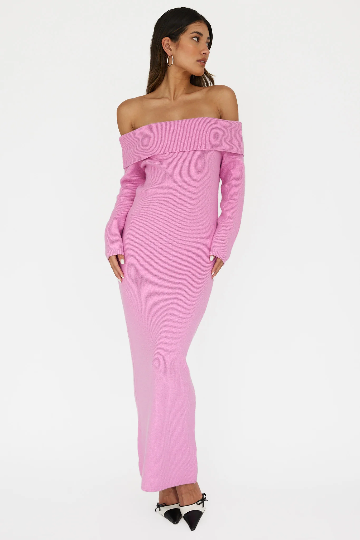 Winter Wonder Off-Shoulder Knit Maxi Dress Pink - Sonourner